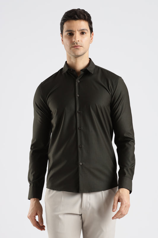Plain Olive Black Melange Wrinkle Free Shirt