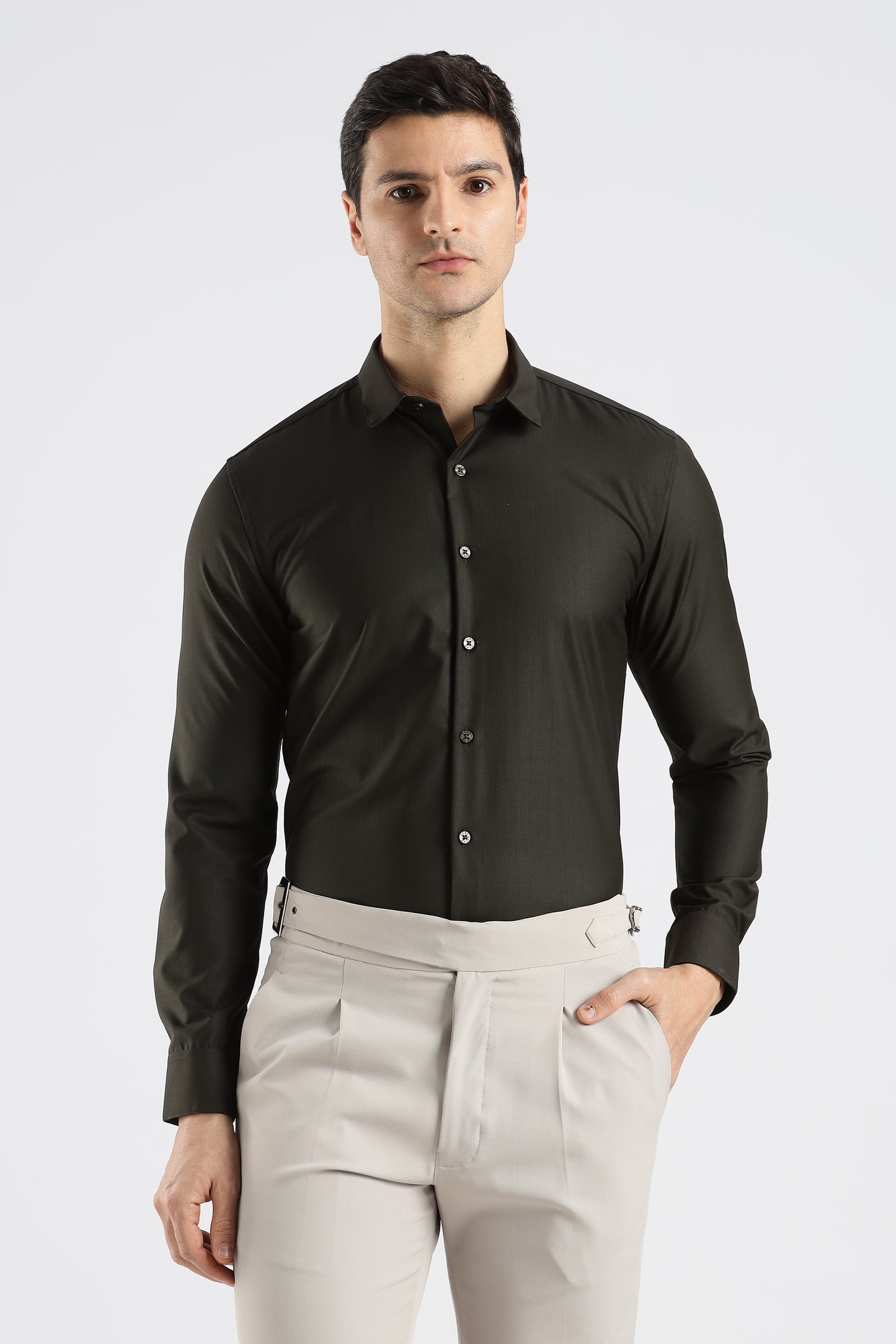 Plain Olive Black Melange Wrinkle Free Shirt
