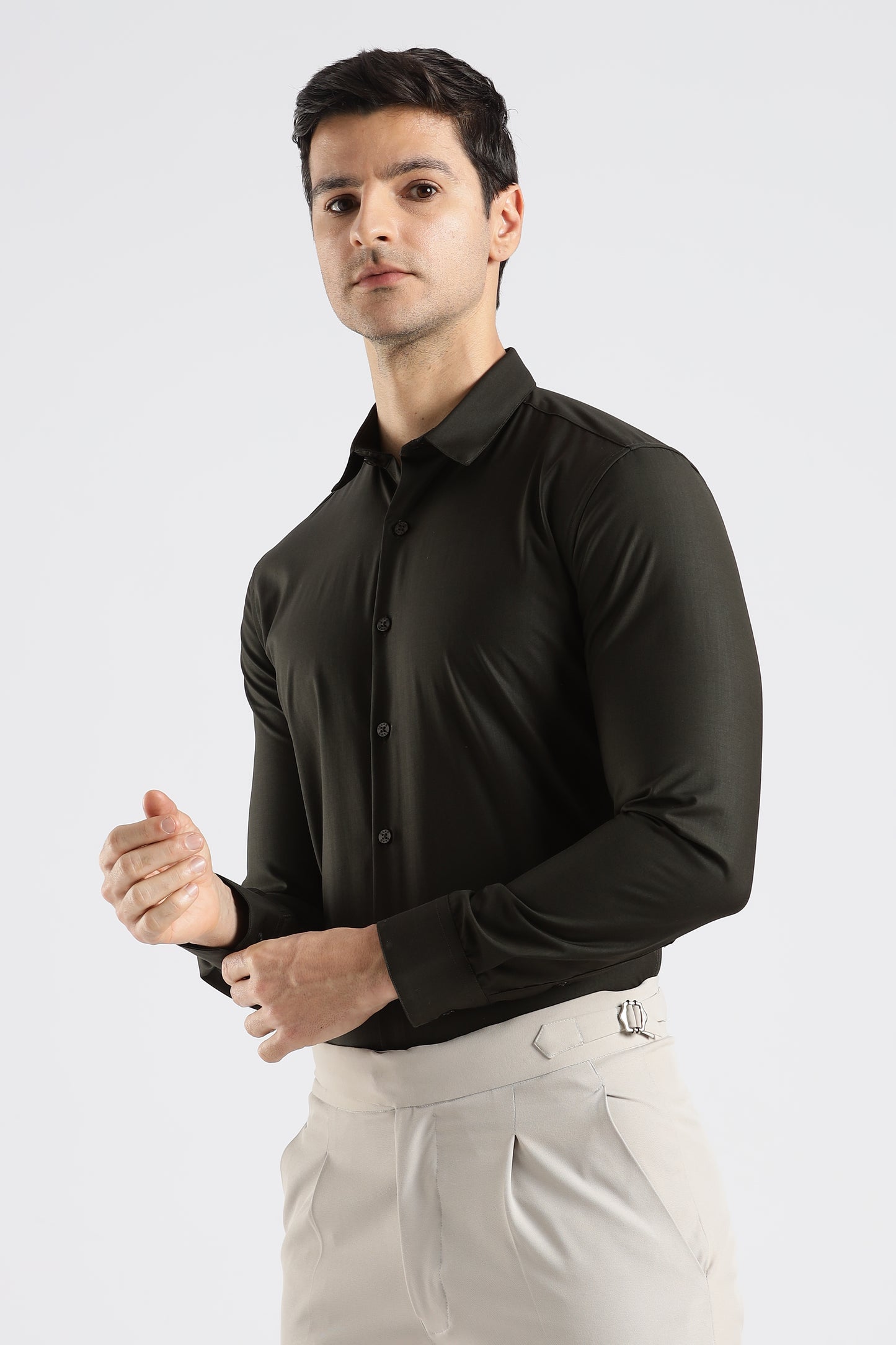 Plain Olive Black Melange Wrinkle Free Shirt