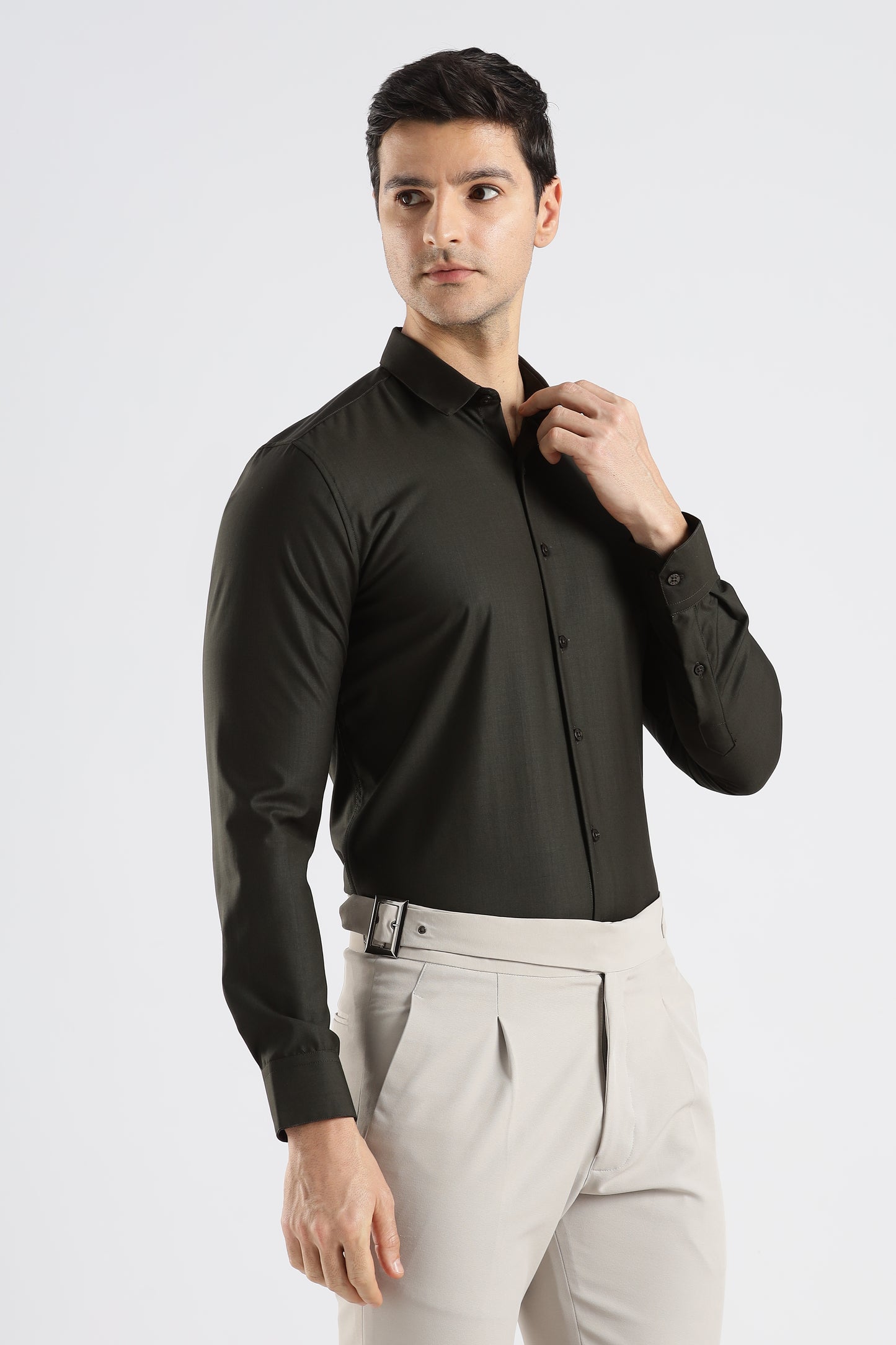 Plain Olive Black Melange Wrinkle Free Shirt