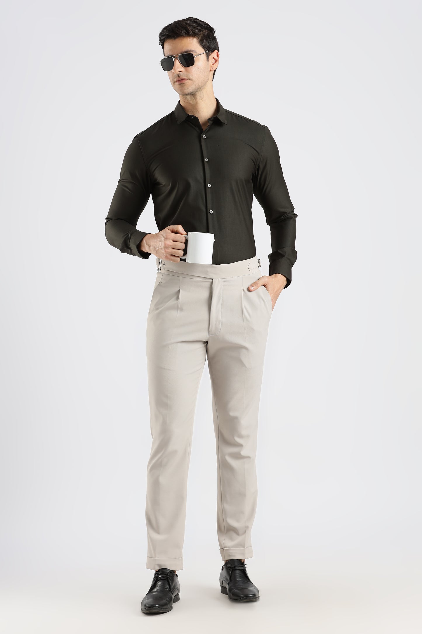 Plain Olive Black Melange Wrinkle Free Shirt