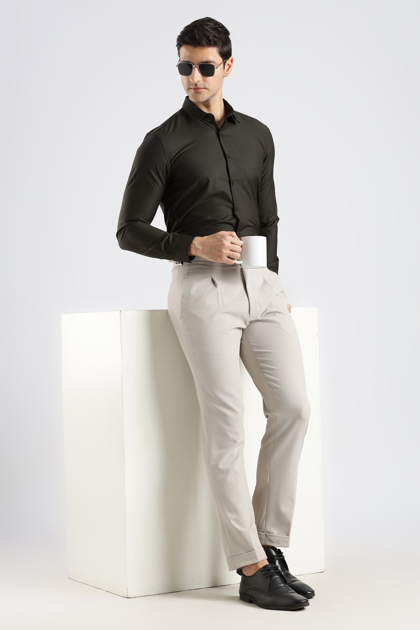 Plain Olive Black Melange Wrinkle Free Shirt