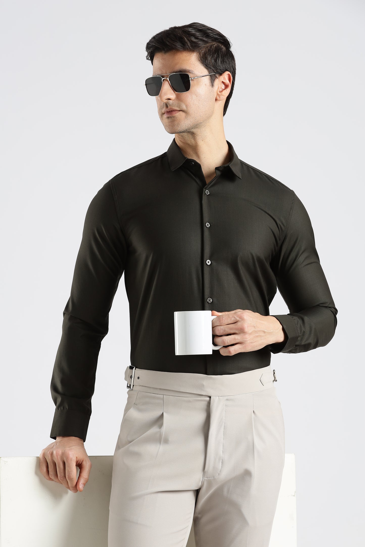Plain Olive Black Melange Wrinkle Free Shirt