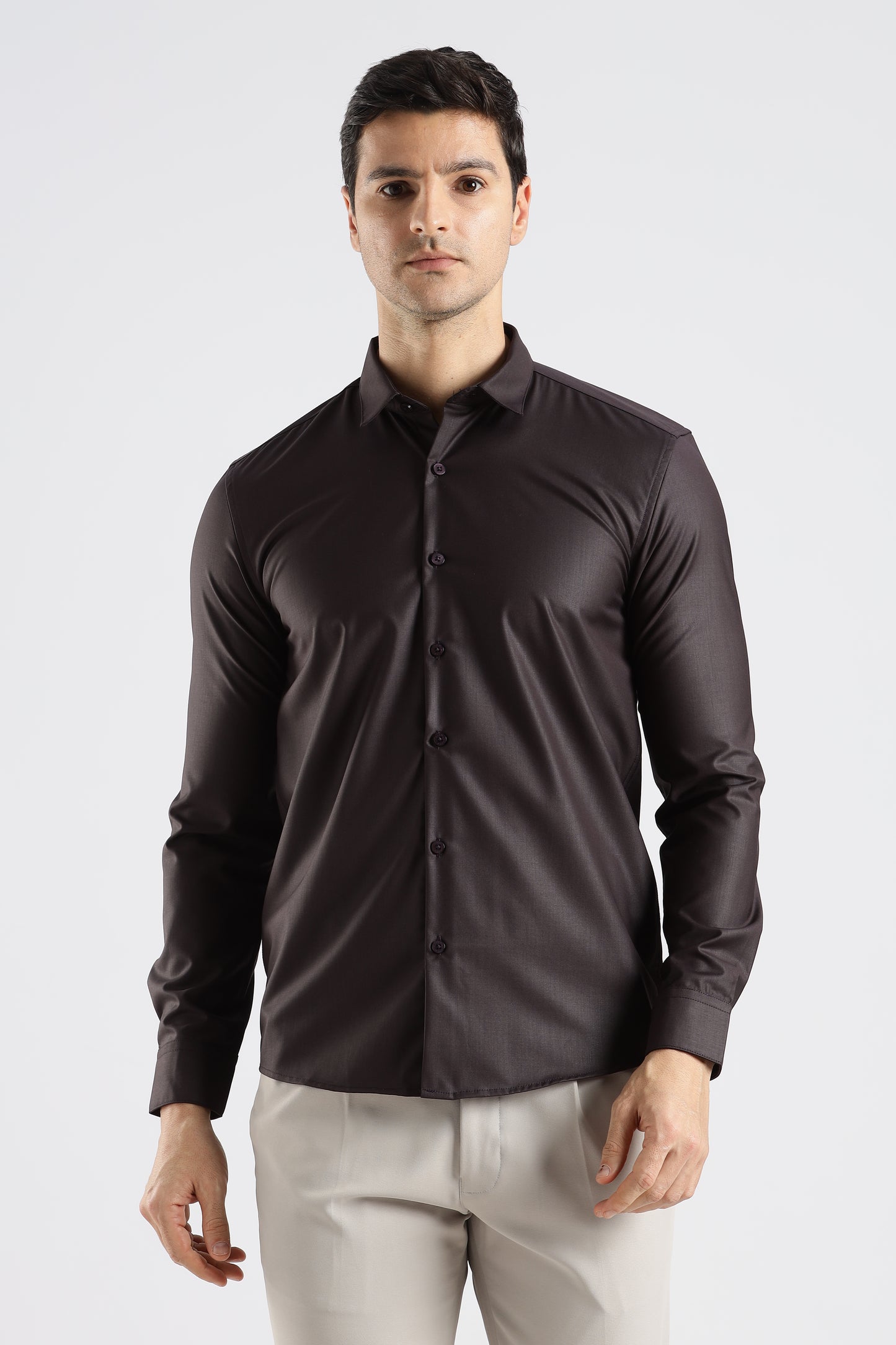 Plain Espresso Brown Melange Wrinkle Free Shirt
