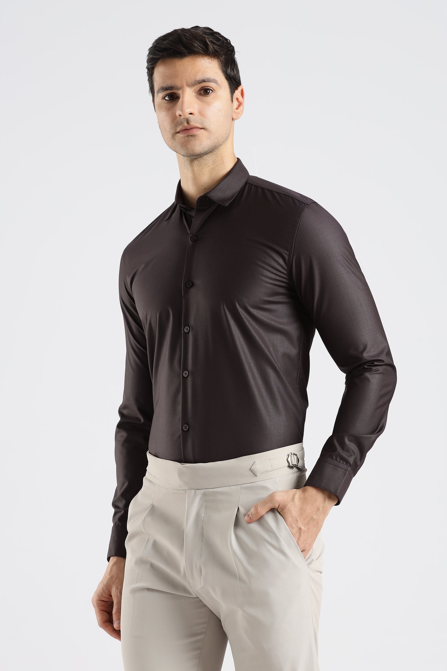 Plain Espresso Brown Melange Wrinkle Free Shirt