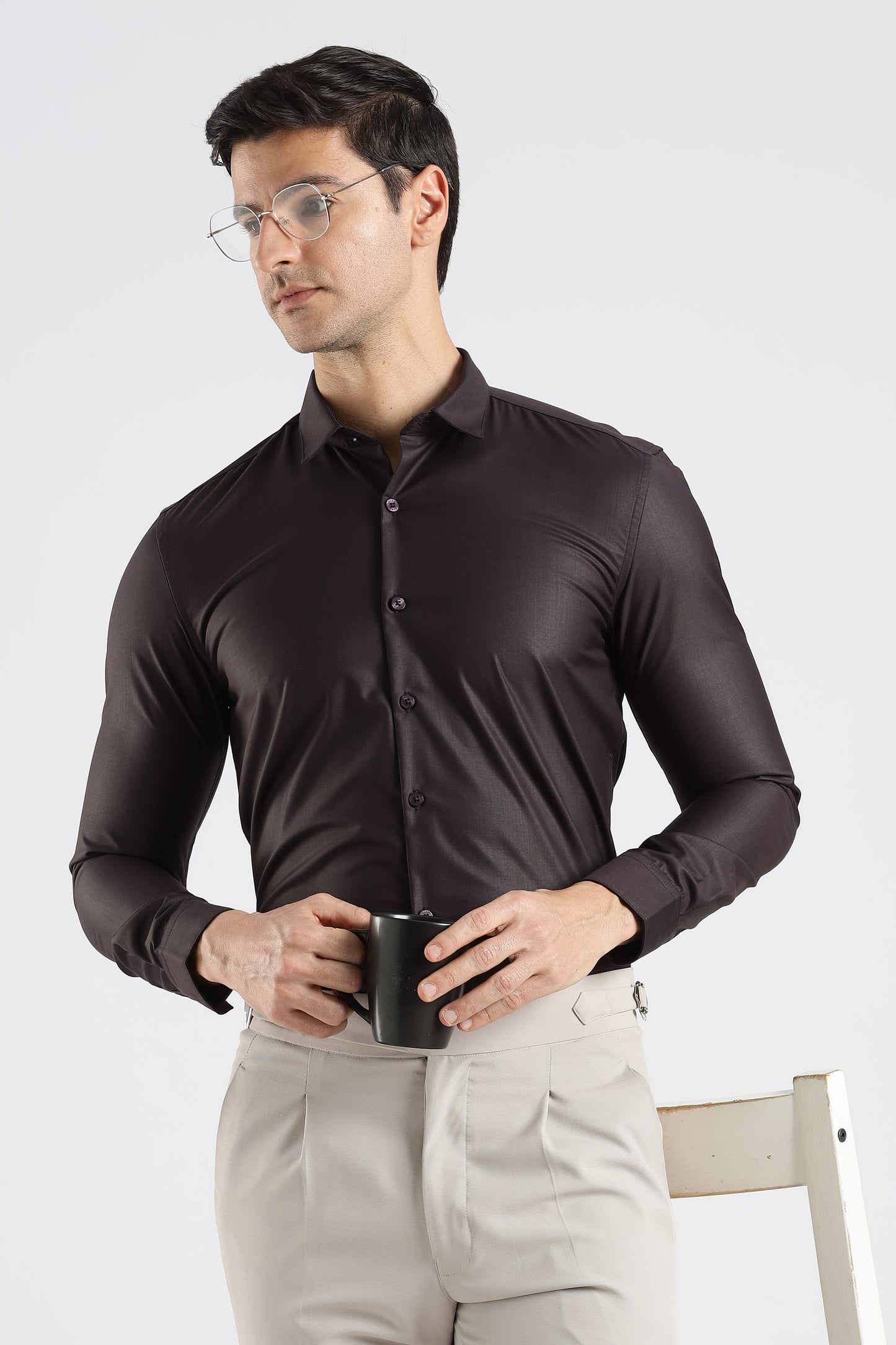 Plain Espresso Brown Melange Wrinkle Free Shirt