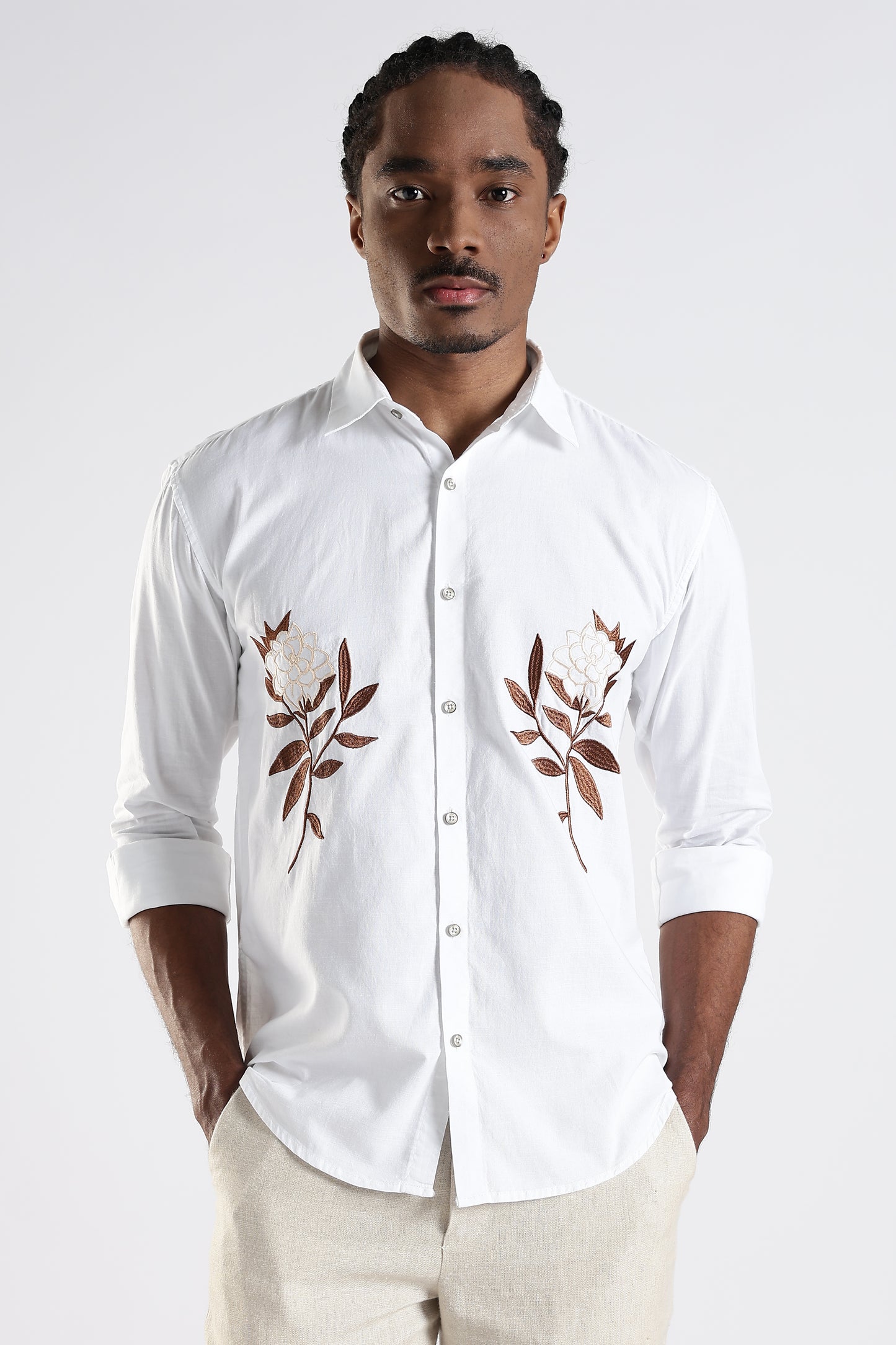 White Floral Embroidered Designer Shirt
