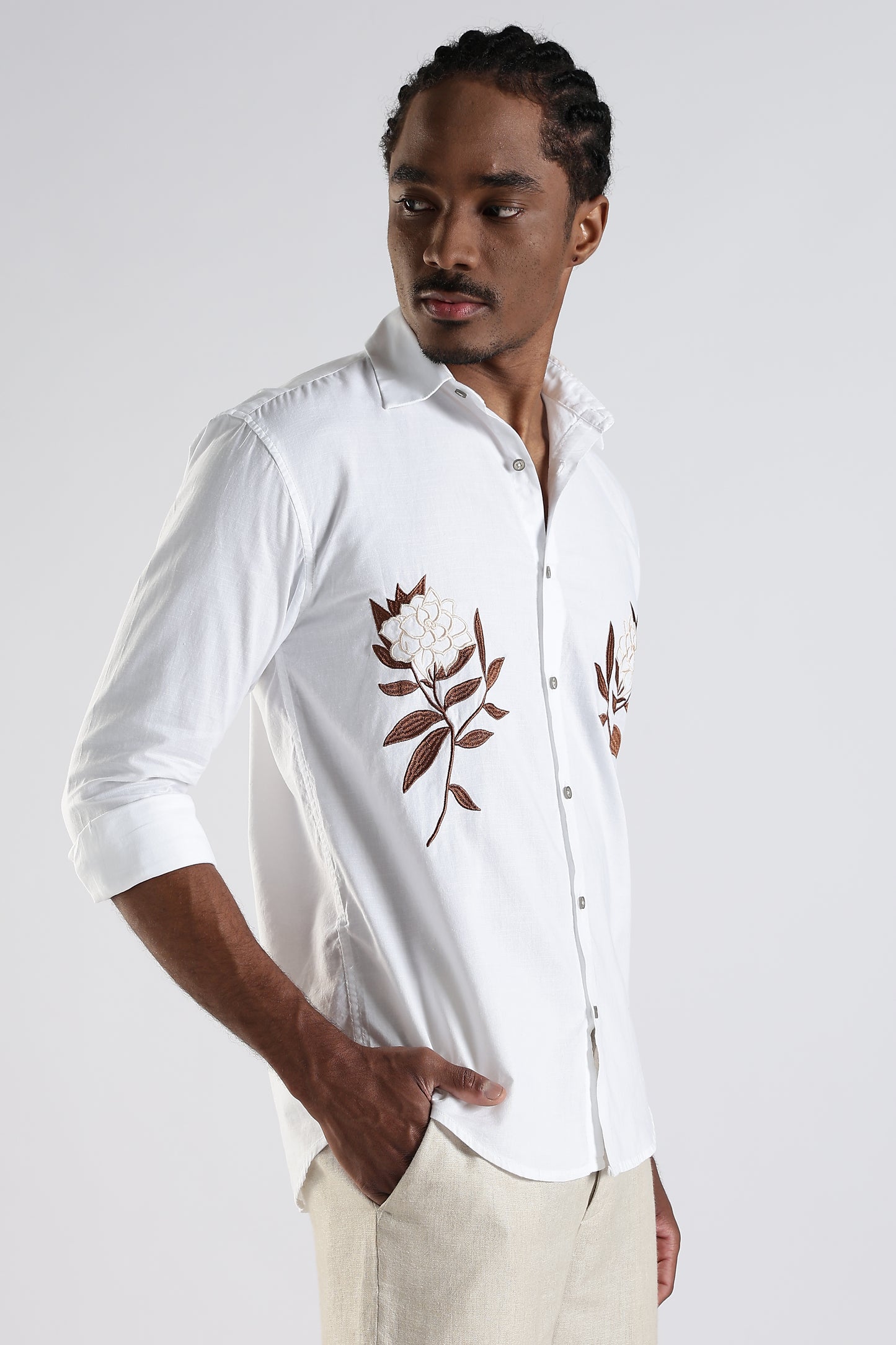 White Floral Embroidered Designer Shirt