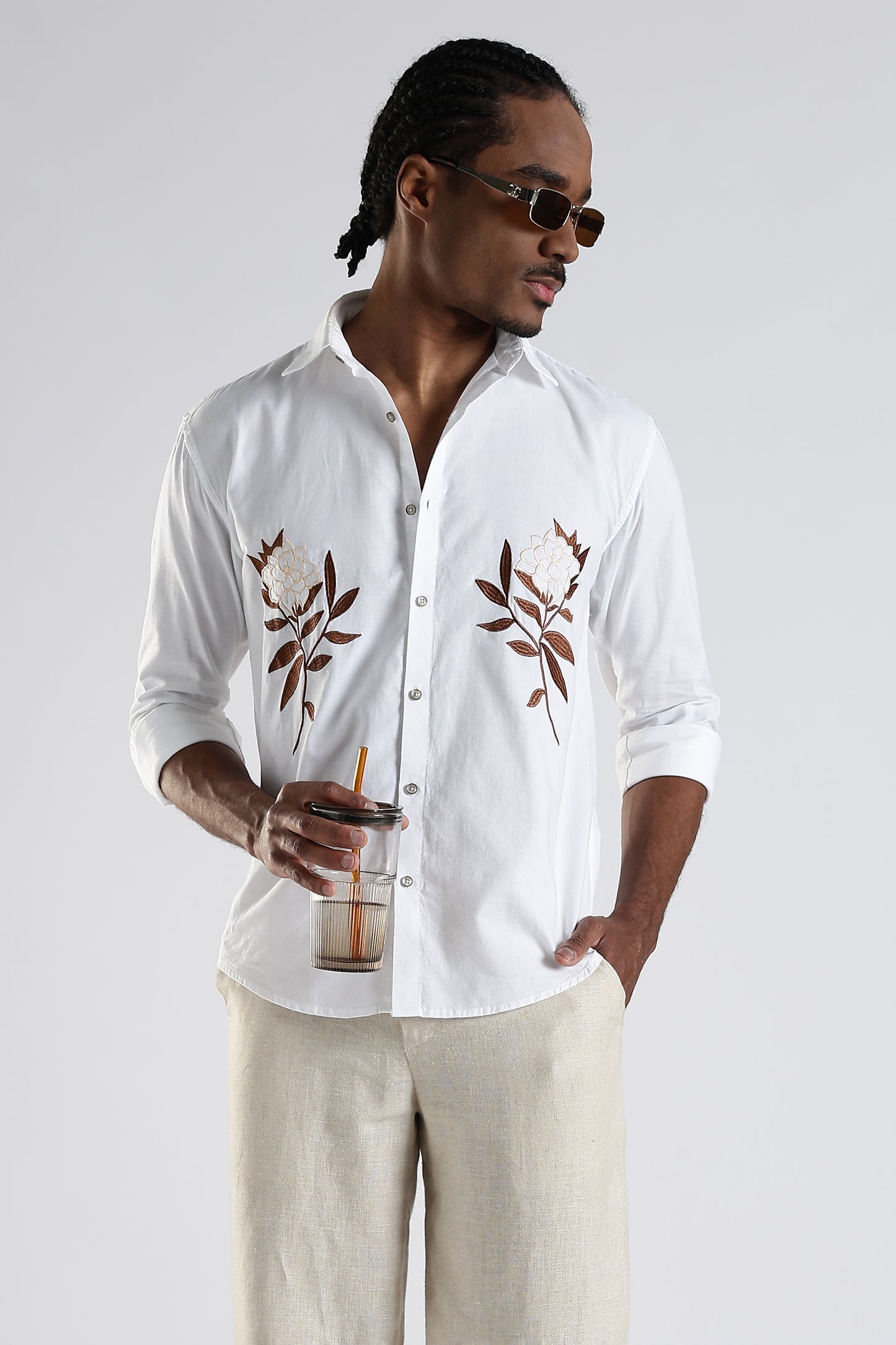 White Floral Embroidered Designer Shirt