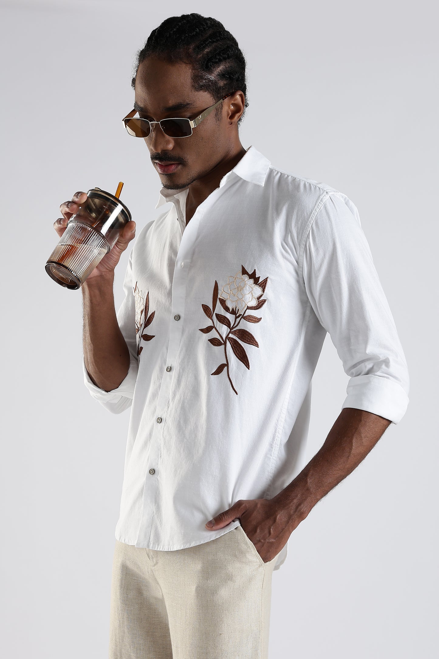 White Floral Embroidered Designer Shirt