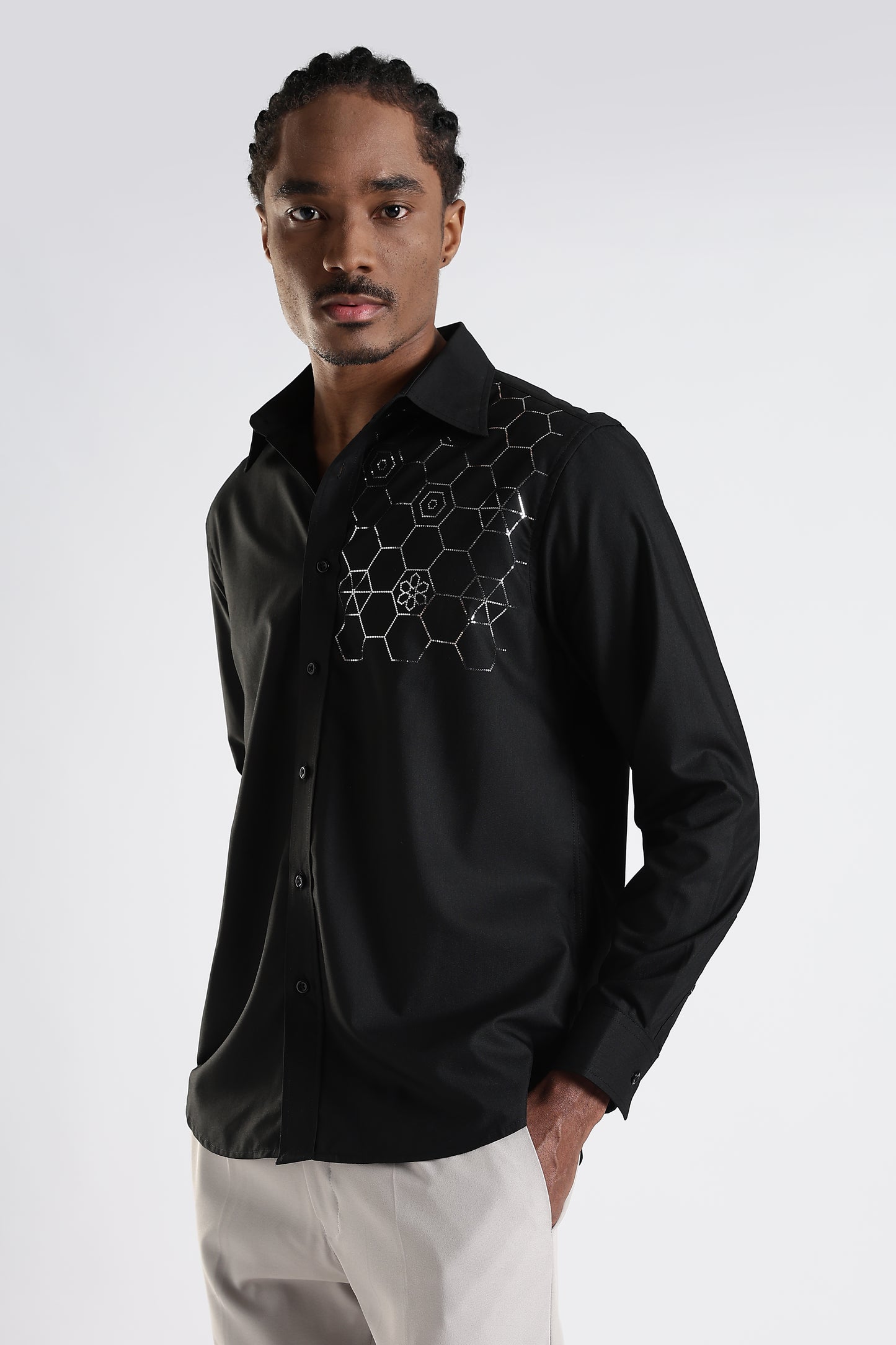 Regular Fit Black Stone Designer Shirt