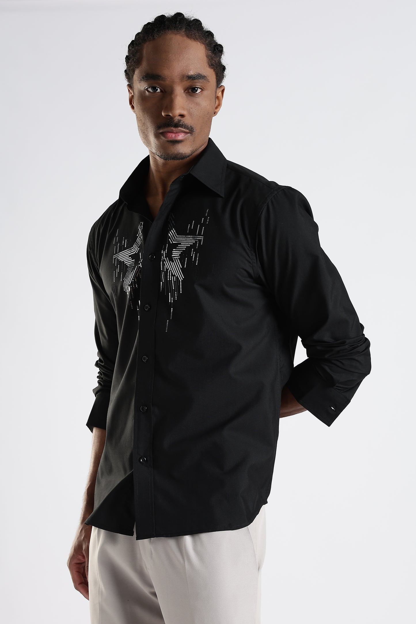 Regular Fit Black Stone Desiner Embroidery Shirt