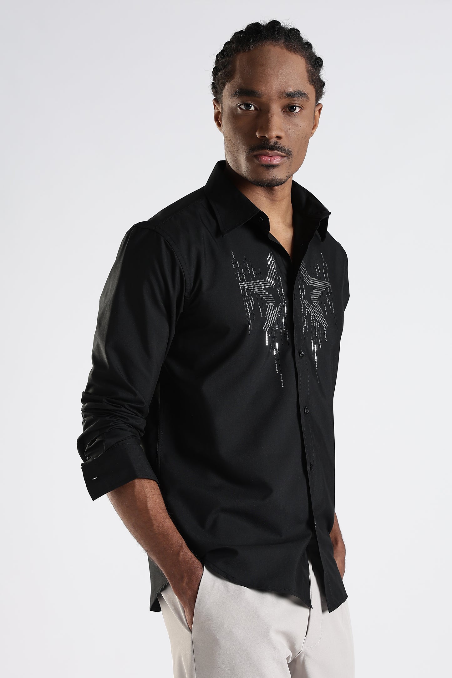Regular Fit Black Stone Desiner Embroidery Shirt