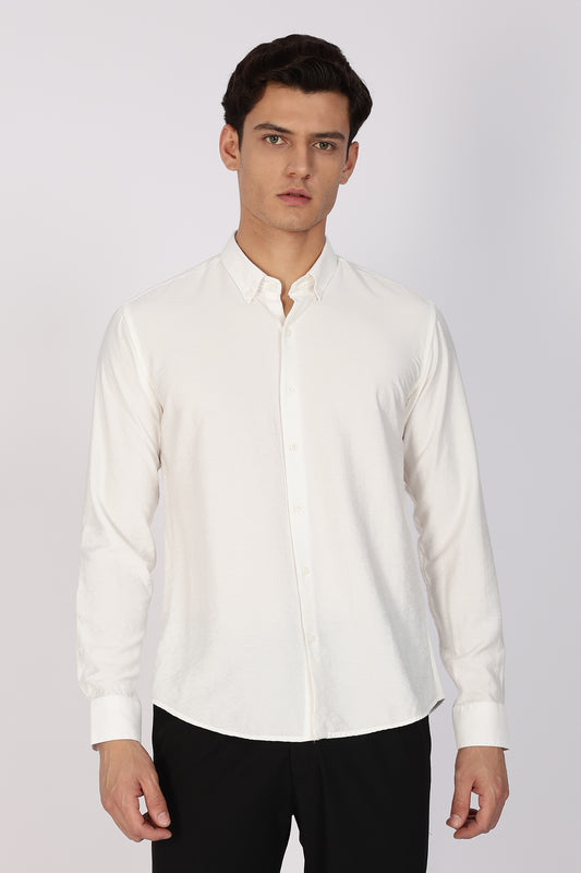 Regular Fit Ivory White Plain Linen Shirt