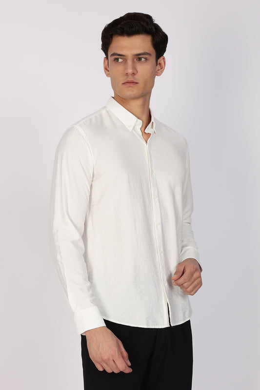 Regular Fit White Plain Blend Linen Shirt