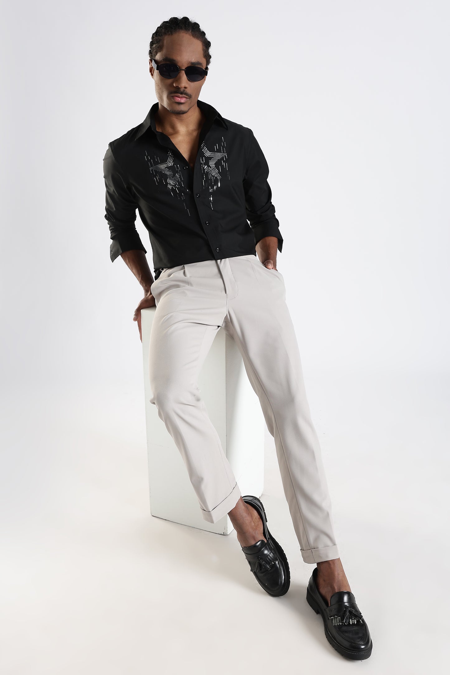 Regular Fit Black Stone Desiner Embroidery Shirt