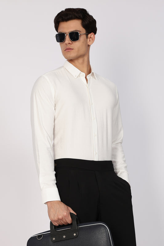 Ivory White Crushed Blended-Linen Slim Fit Shirt