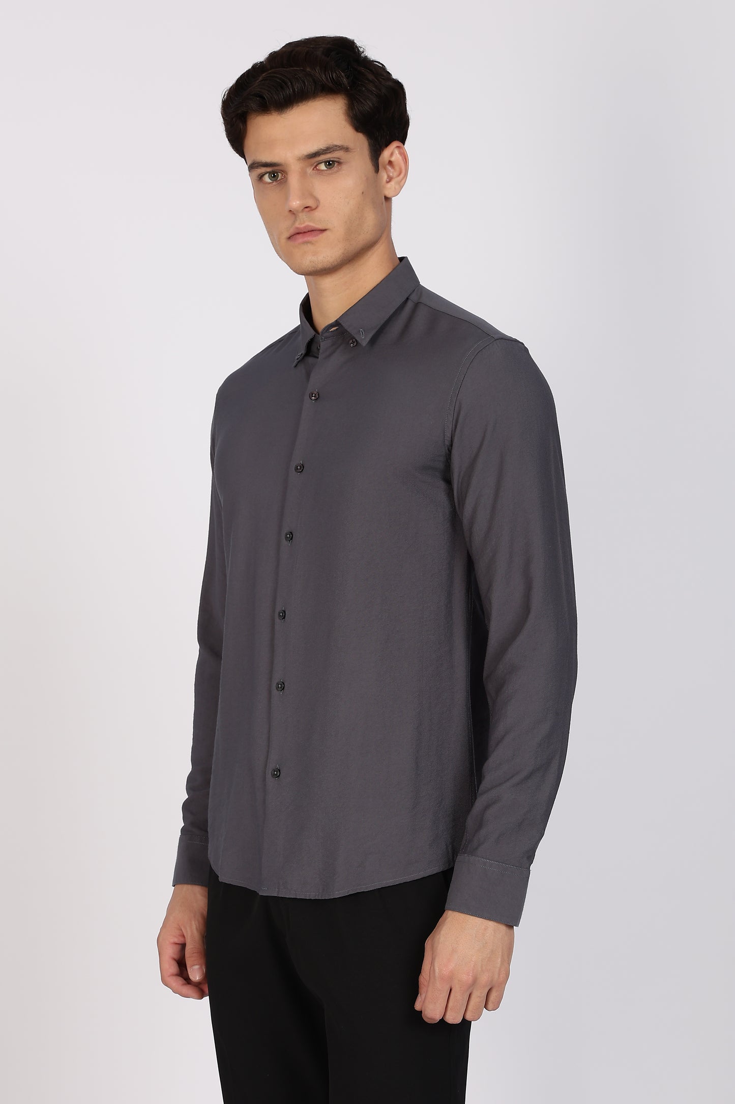 Regular Fit Plain Blenmd Dark Grey Linen Shirt