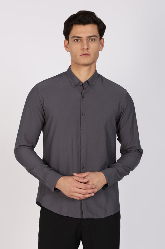Regular Fit Plain Blenmd Dark Grey Linen Shirt