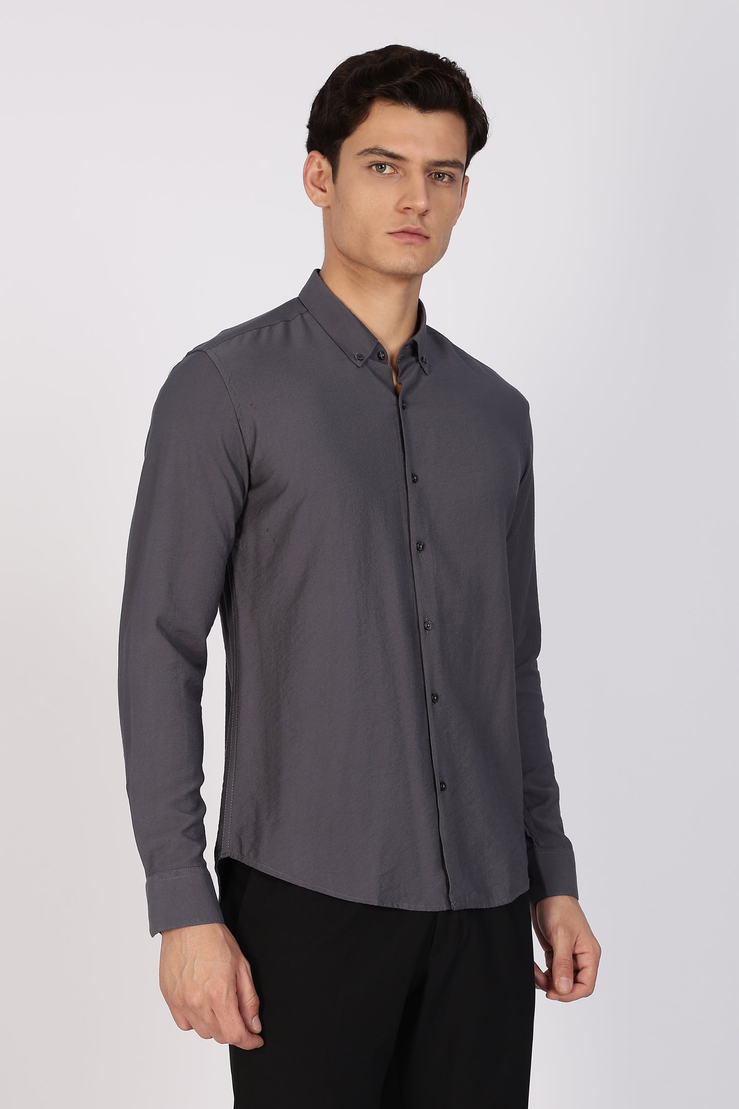 Regular Fit Plain Blenmd Dark Grey Linen Shirt