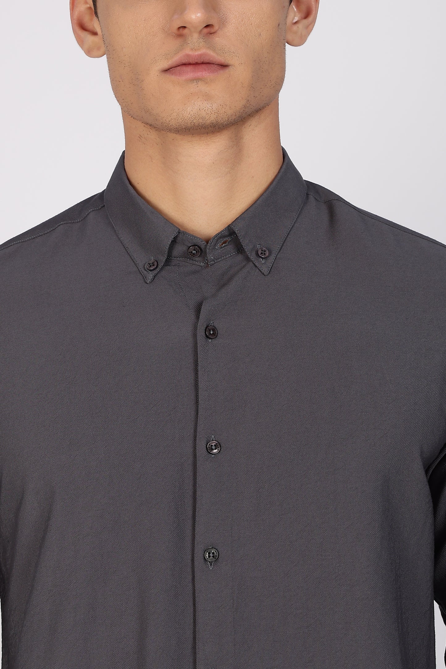 Regular Fit Plain Blenmd Dark Grey Linen Shirt