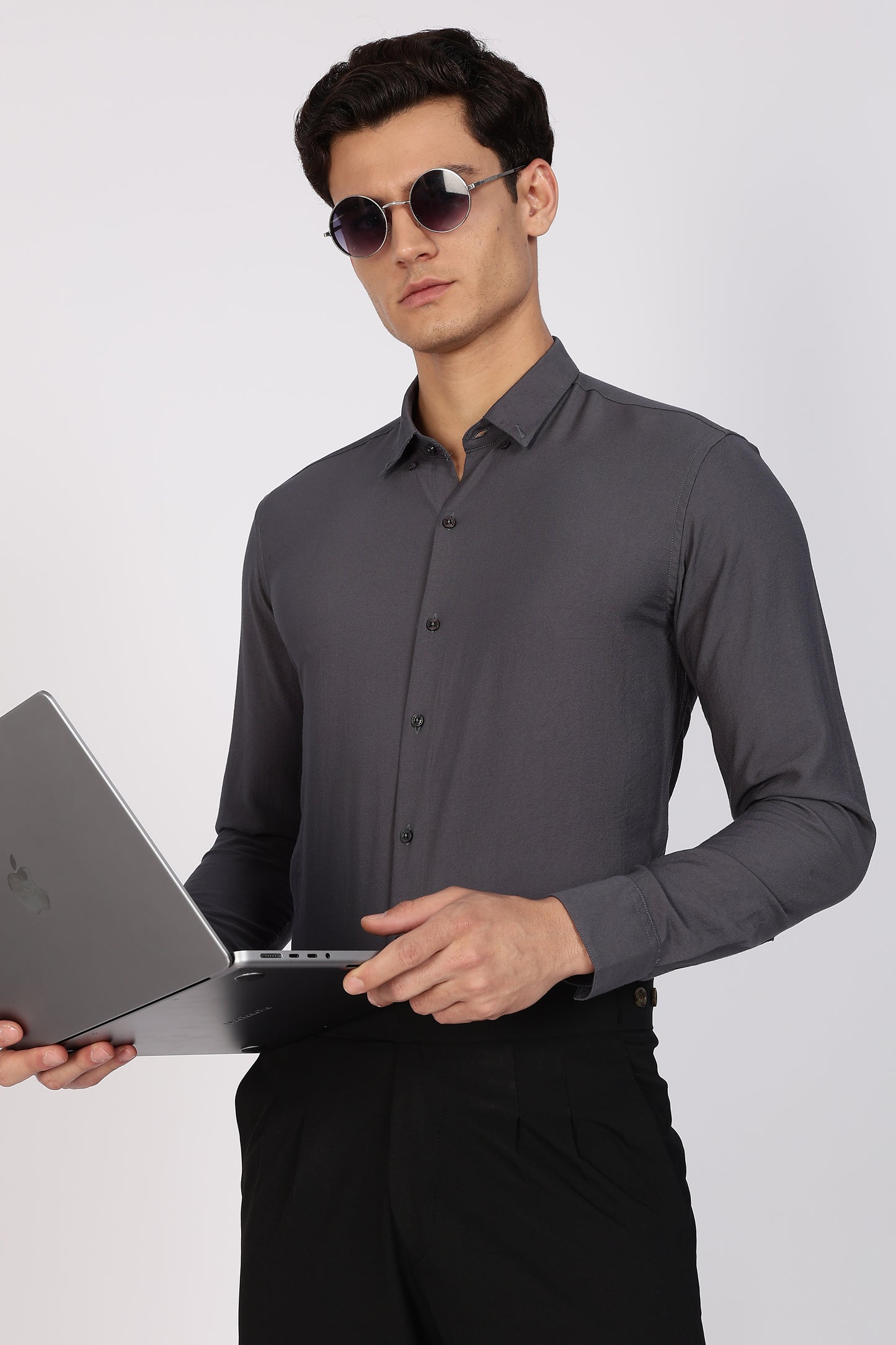 Regular Fit Plain Blenmd Dark Grey Linen Shirt