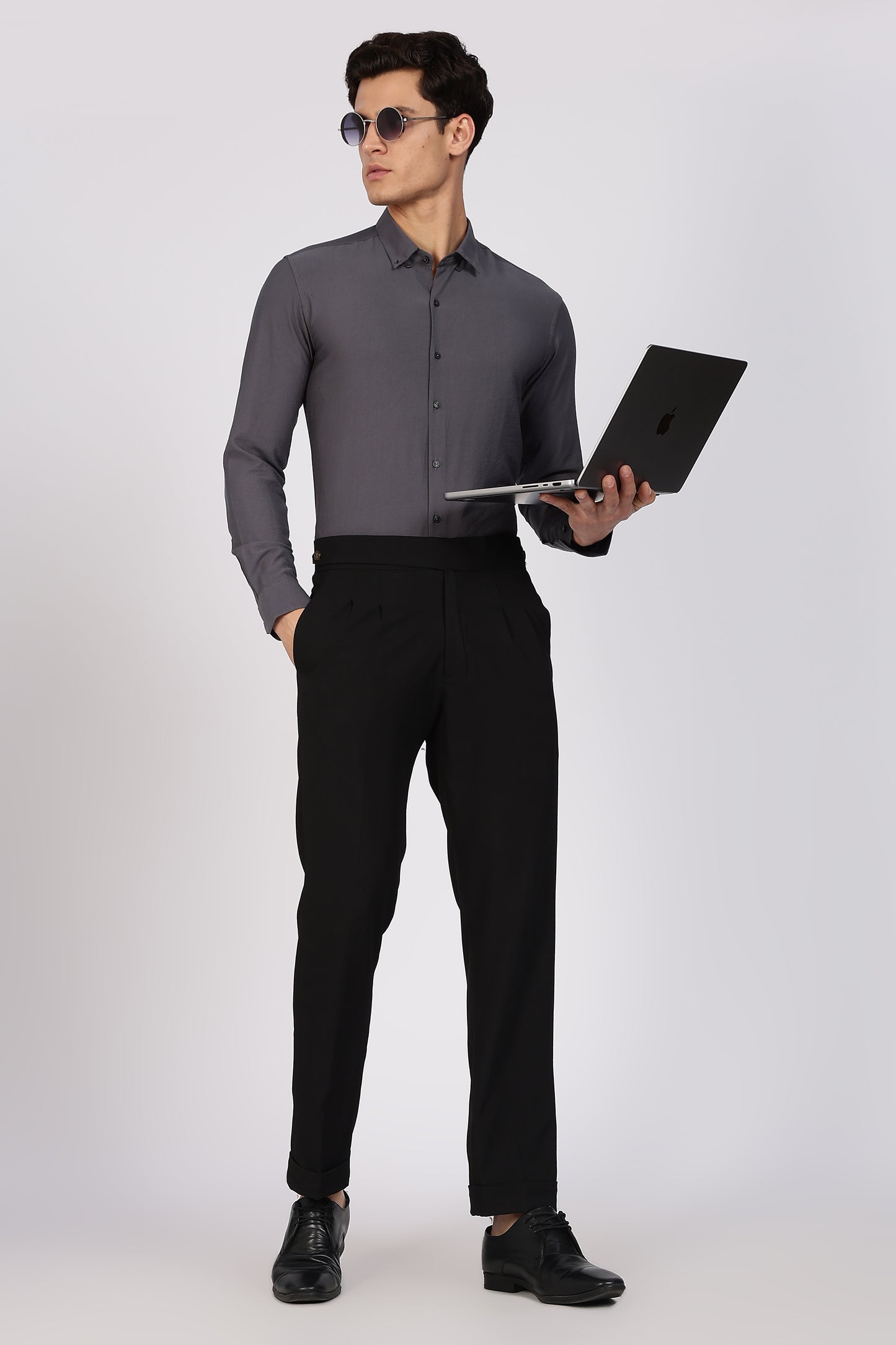 Regular Fit Plain Blenmd Dark Grey Linen Shirt