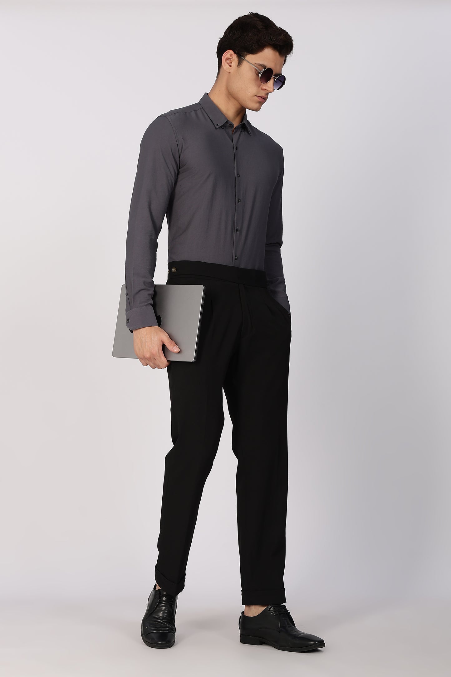 Regular Fit Plain Blenmd Dark Grey Linen Shirt