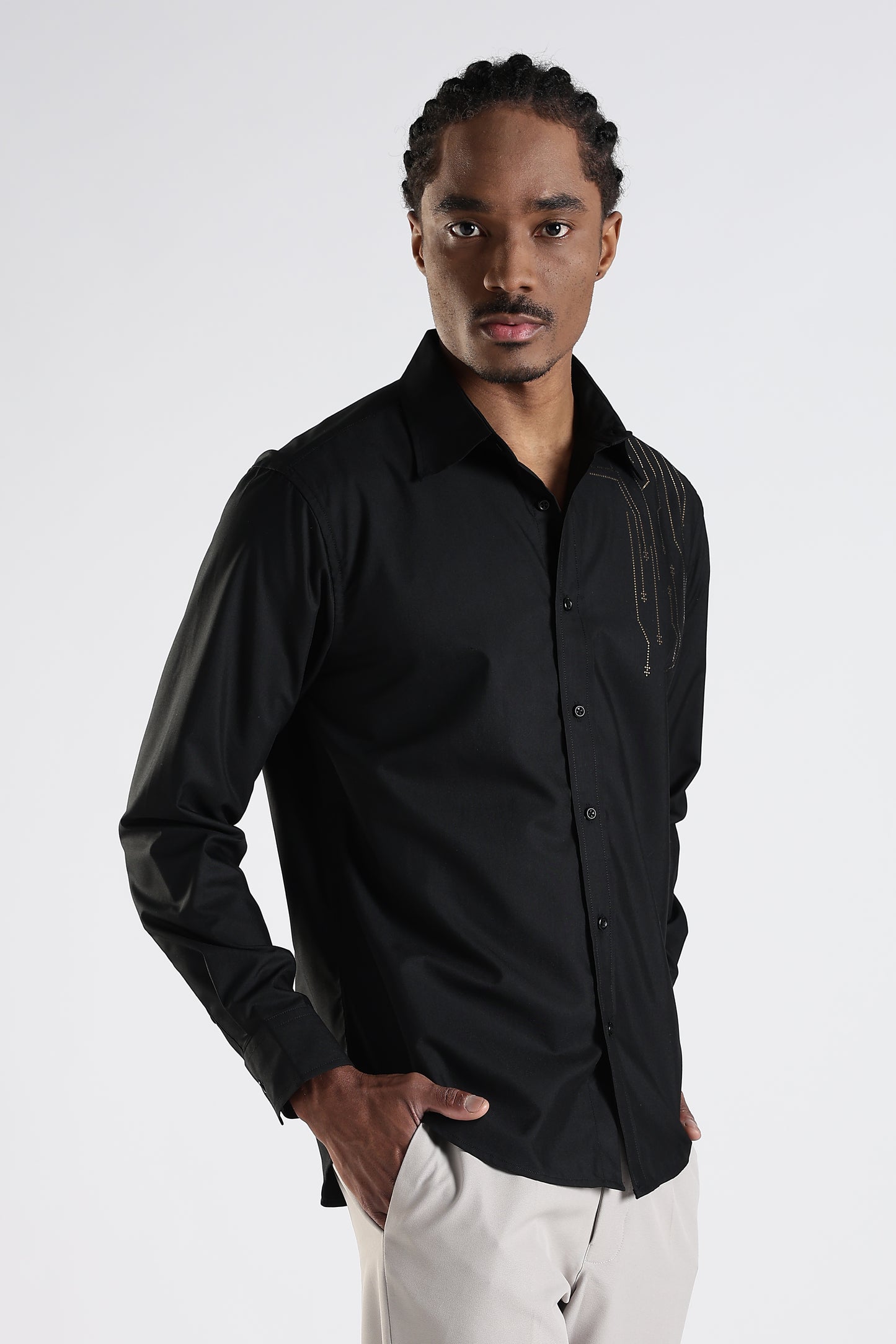 Regular Fit Black Stone Designer Embroidery Shirt