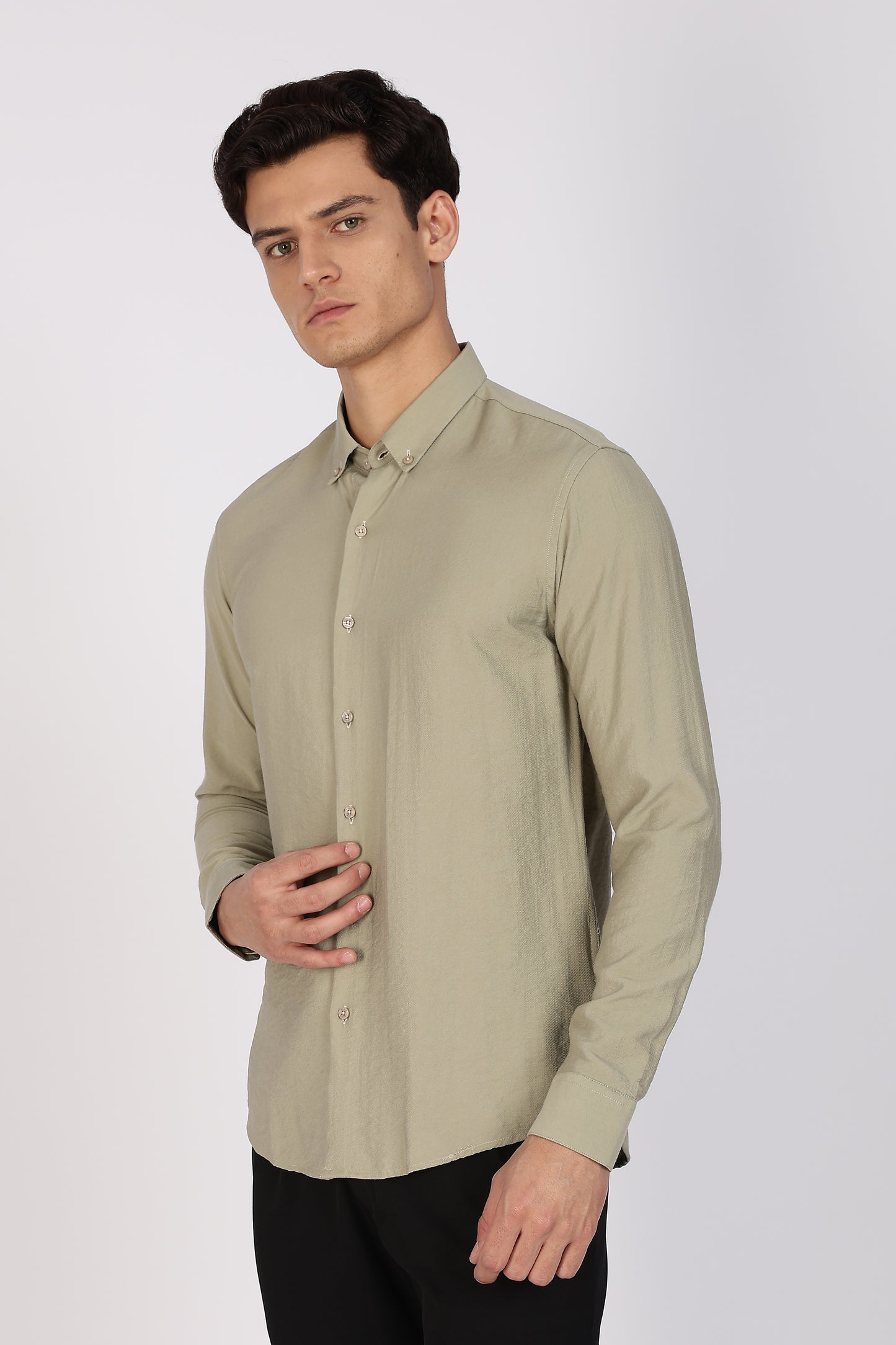 Regular Fit Sage Green Plain Linen Shirt