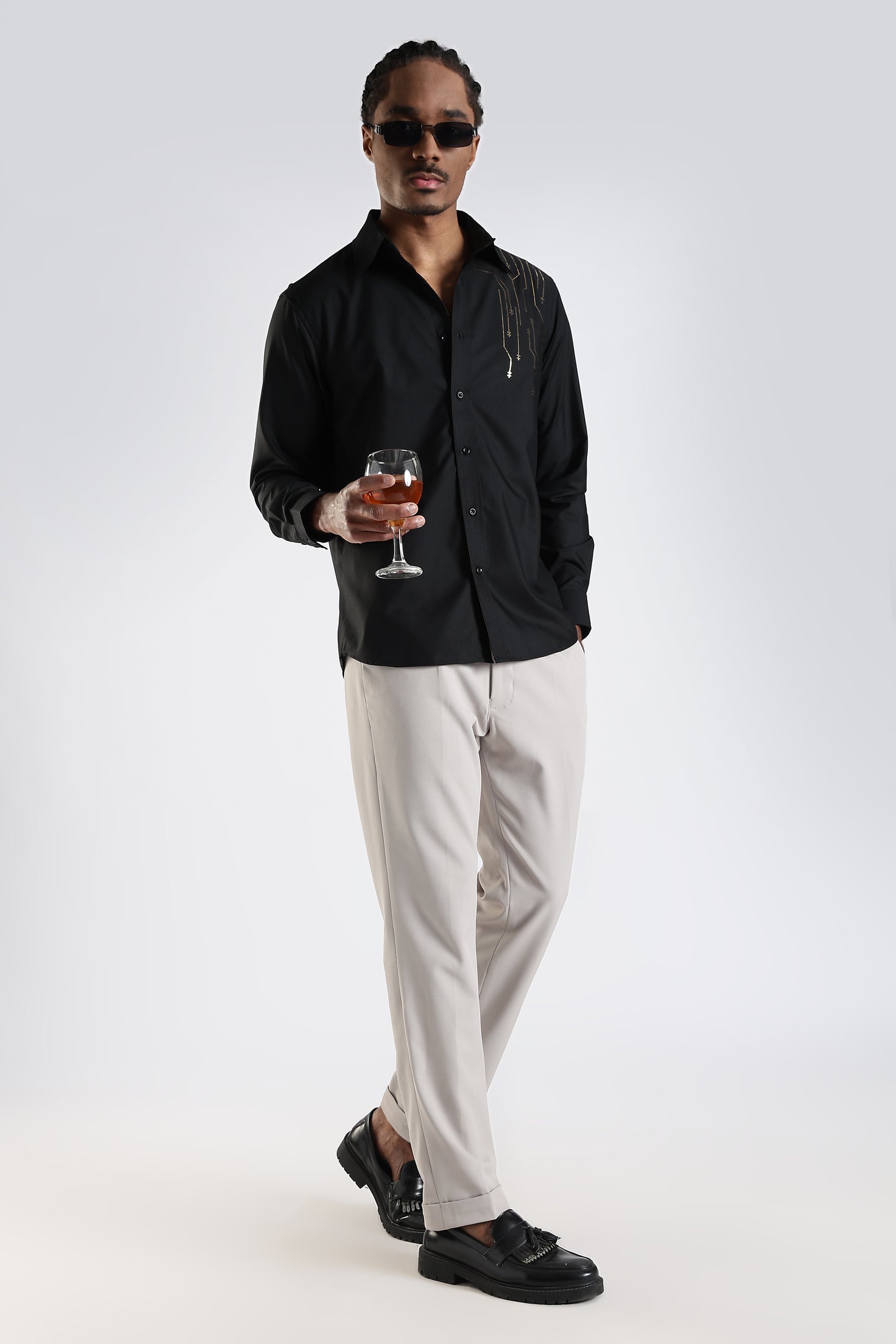 Regular Fit Black Stone Designer Embroidery Shirt