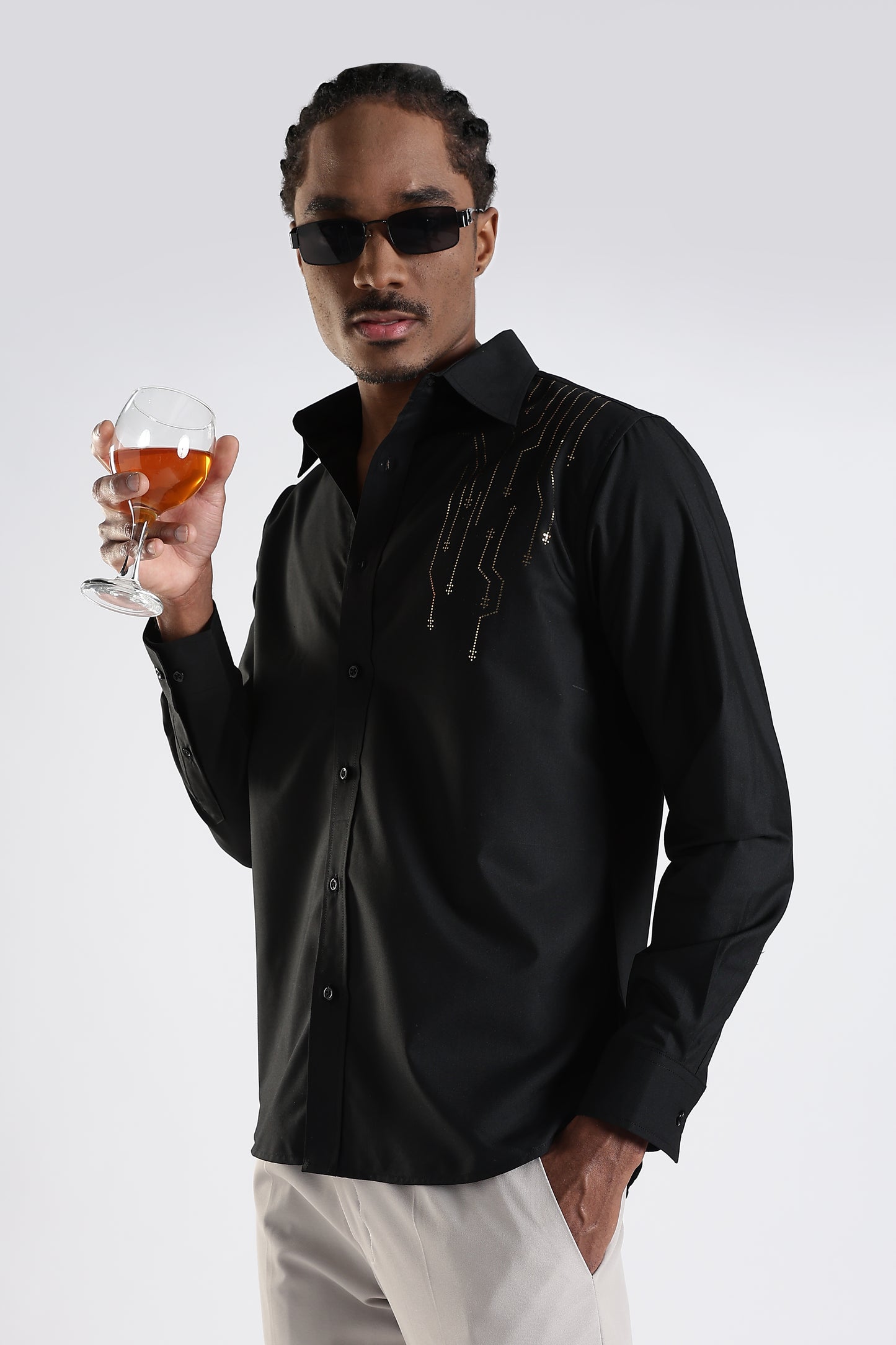 Regular Fit Black Stone Designer Embroidery Shirt