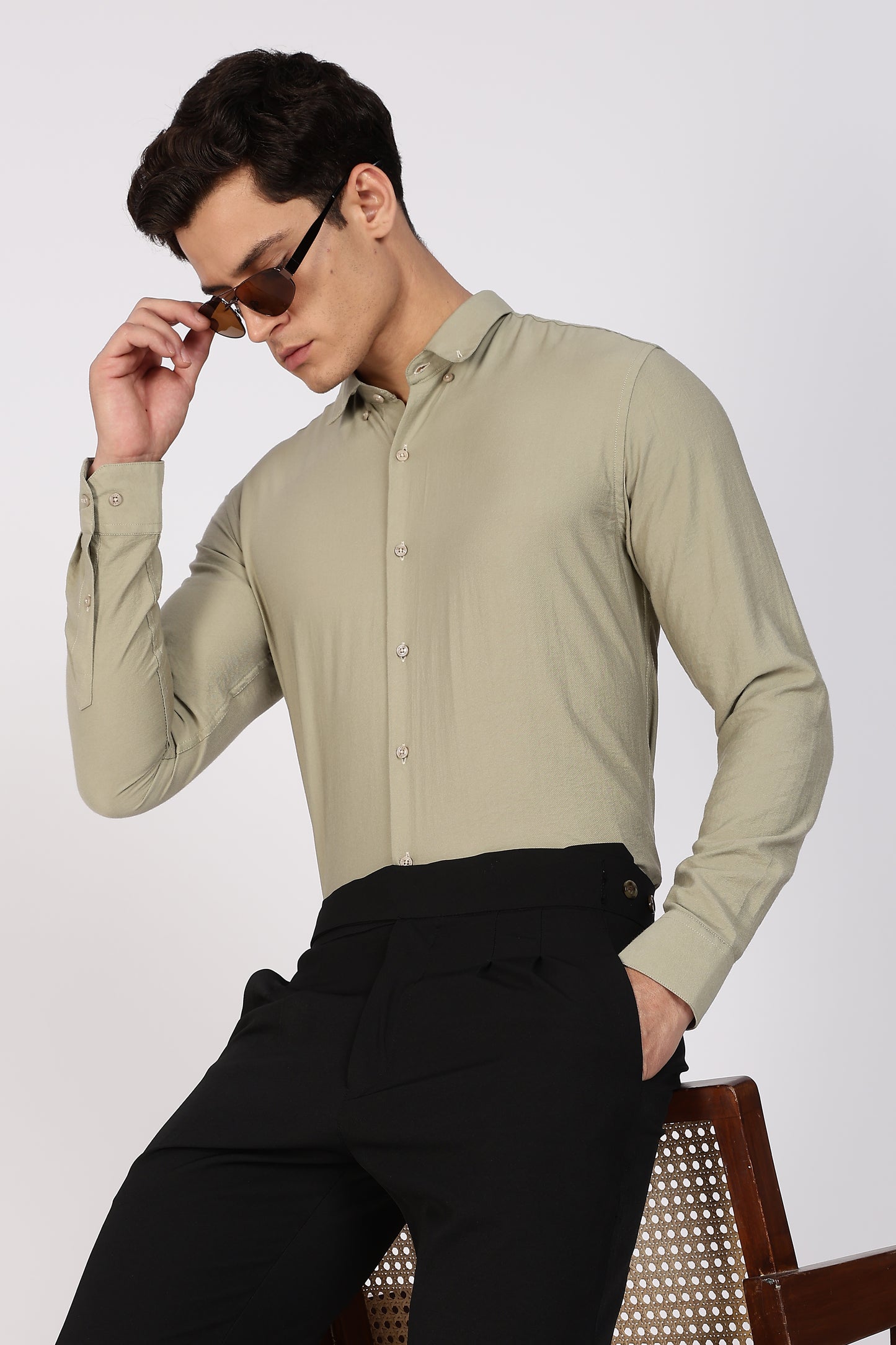 Regular Fit Sage Green Plain Linen Shirt