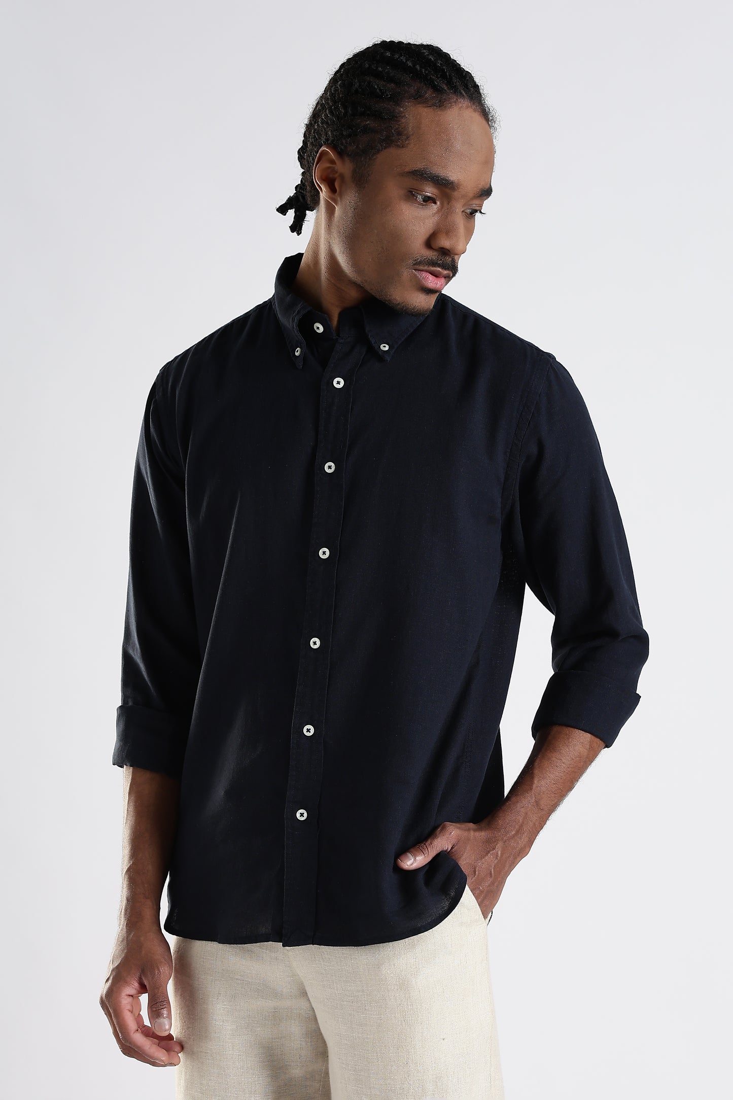 Regular Fit Pure Linen Navy Blue Shirt