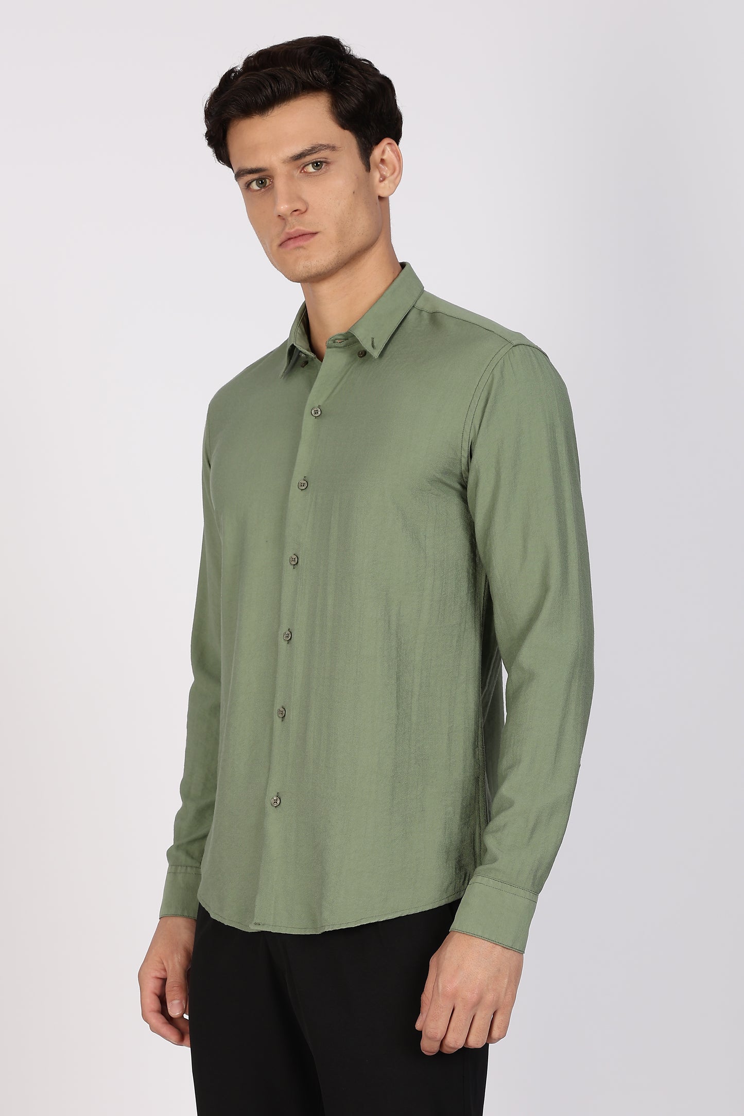 Regular Fit Light Olive Plain Blend Linen Shirt