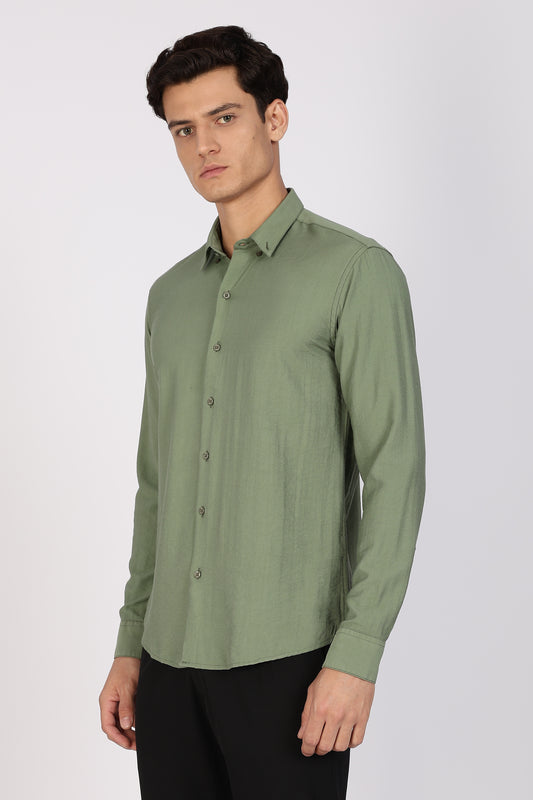 Regular Fit Light Olive Green Plain Blend Linen Shirt