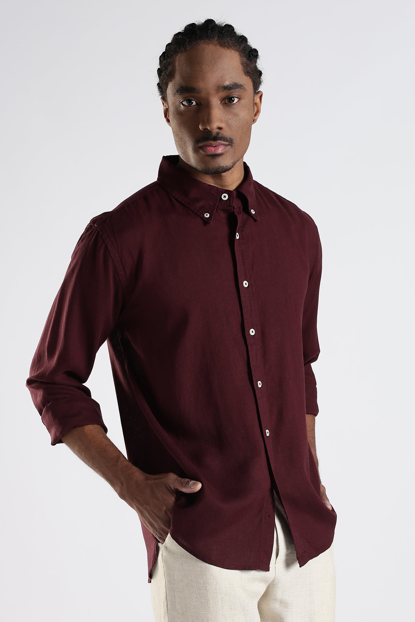 Regular Fit Pure Linen Maroon Shirt