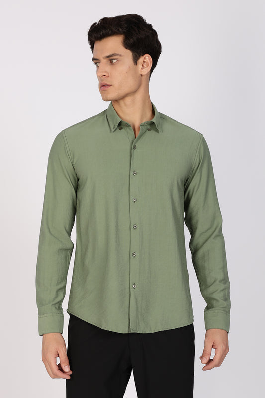 Regular Fit Light Olive Plain Blend Linen Shirt