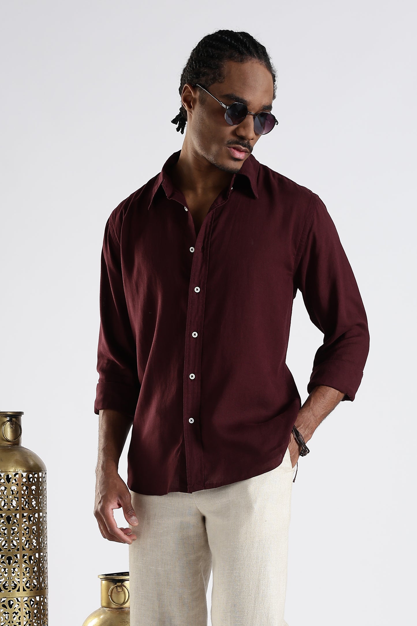 Regular Fit Pure Linen Maroon Shirt