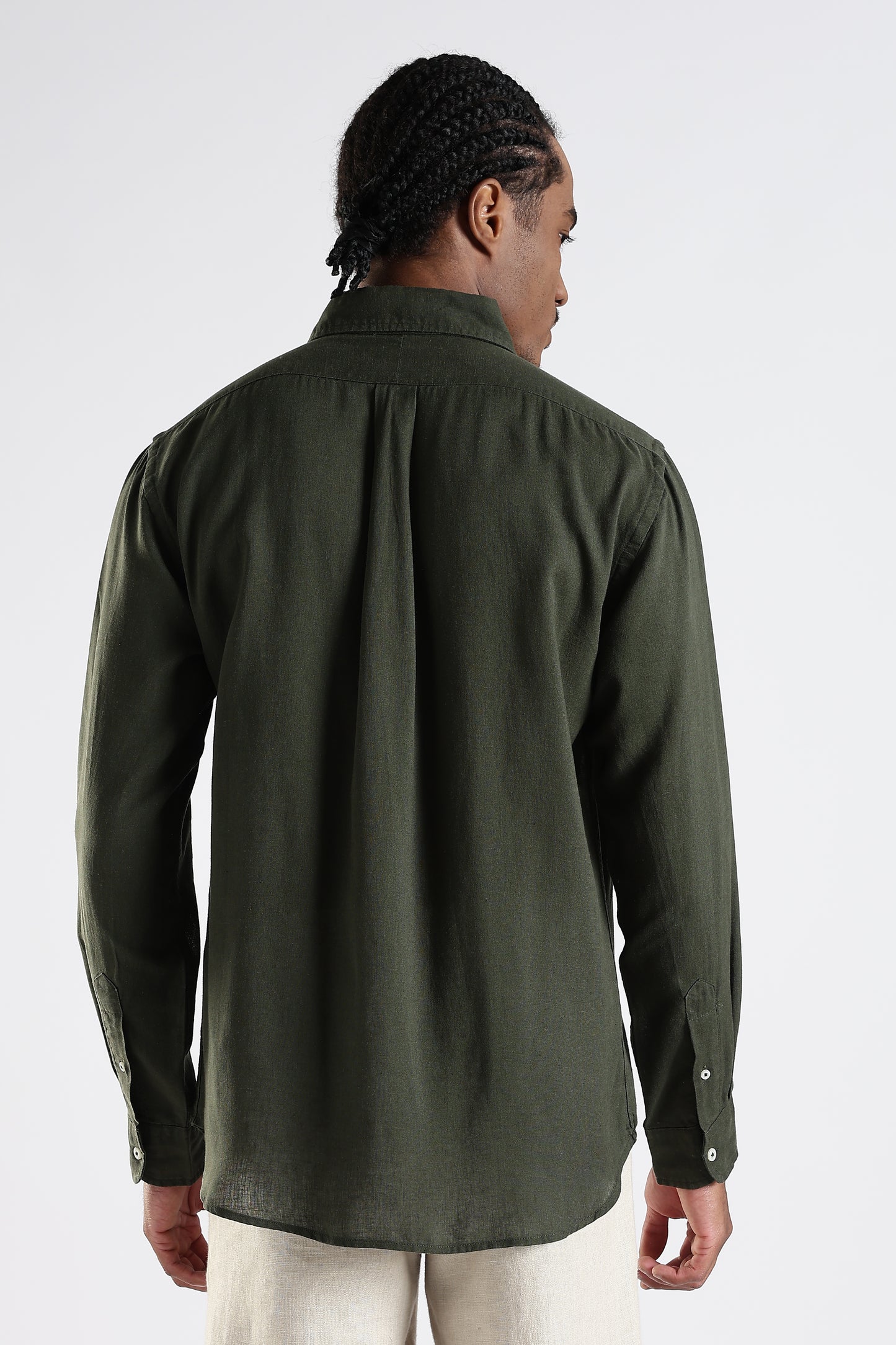 Regular Fit Pure Linen Olive Green Shirt