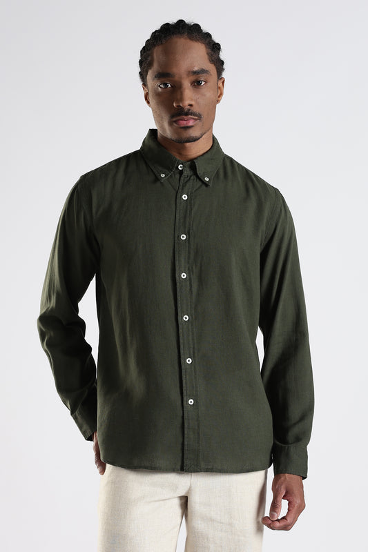 Regular Fit Pure Linen Olive Green Shirt