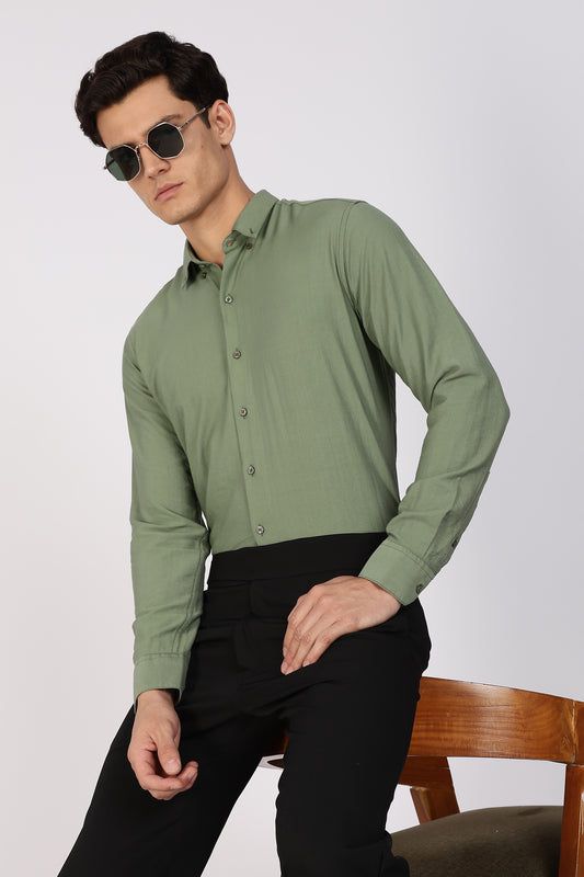 Light Olive Crushed Blended-Linen Slim Fit Shirt