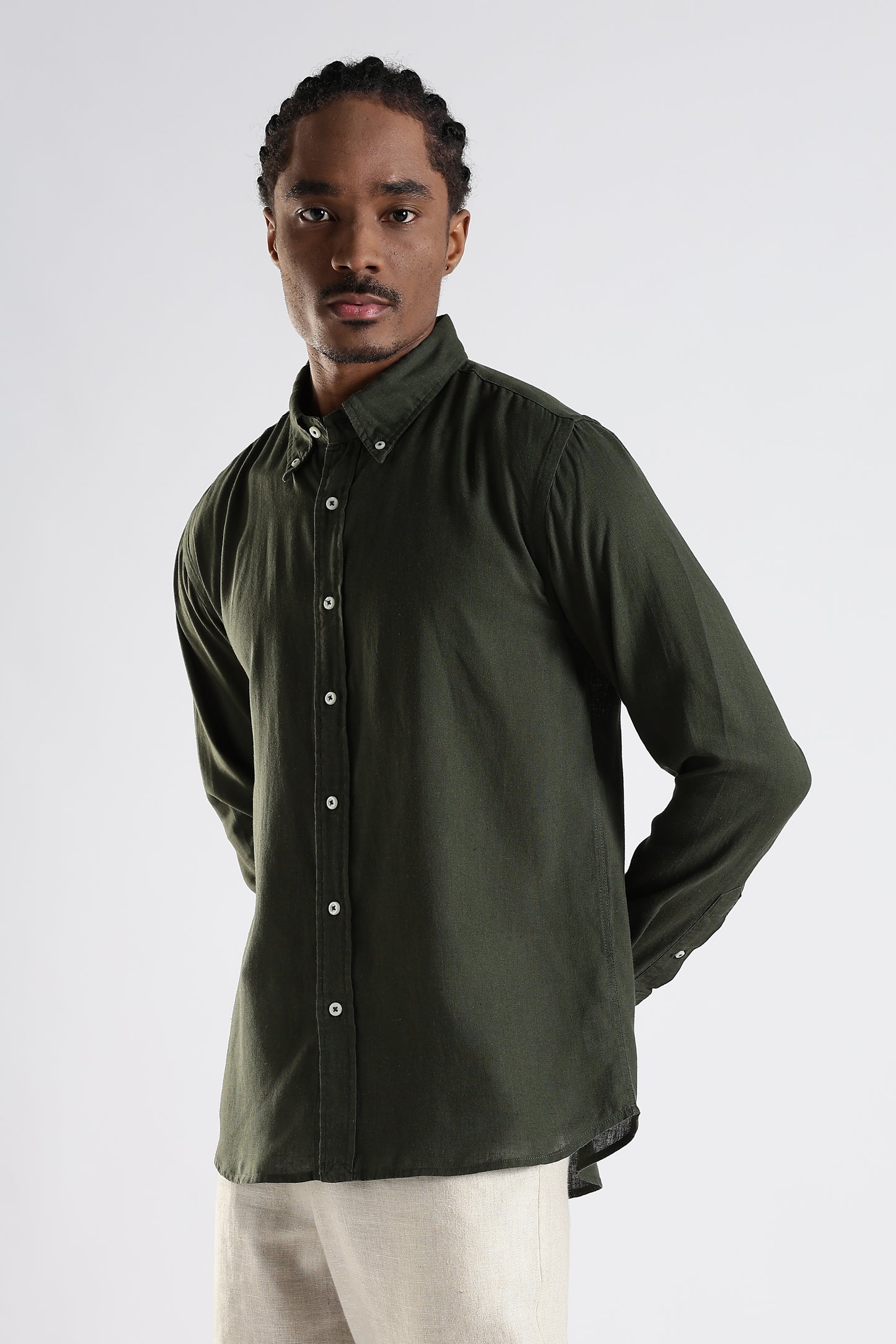 Regular Fit Pure Linen Olive Green Shirt