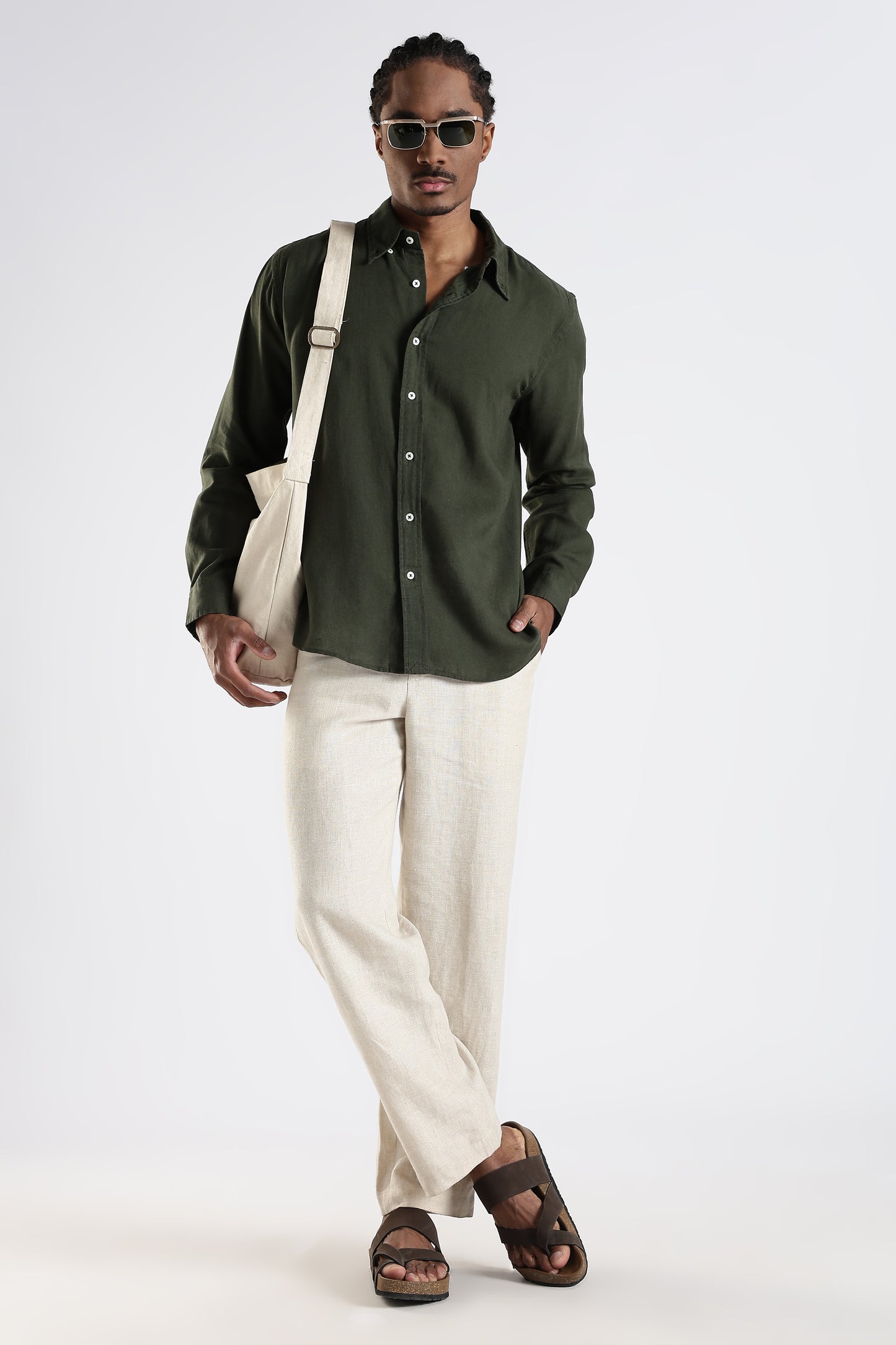 Regular Fit Pure Linen Olive Green Shirt