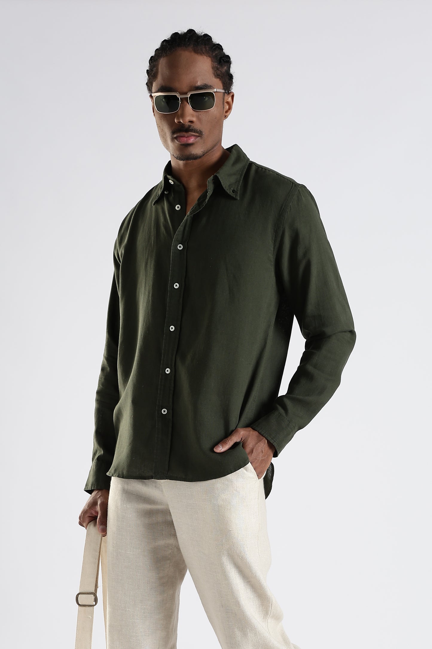 Regular Fit Pure Linen Olive Green Shirt