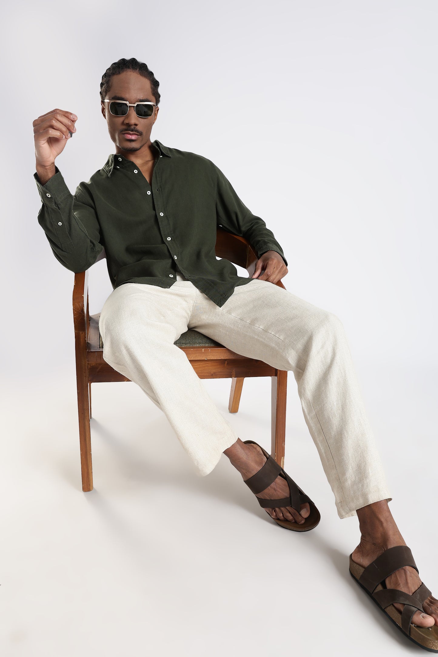 Regular Fit Pure Linen Olive Green Shirt