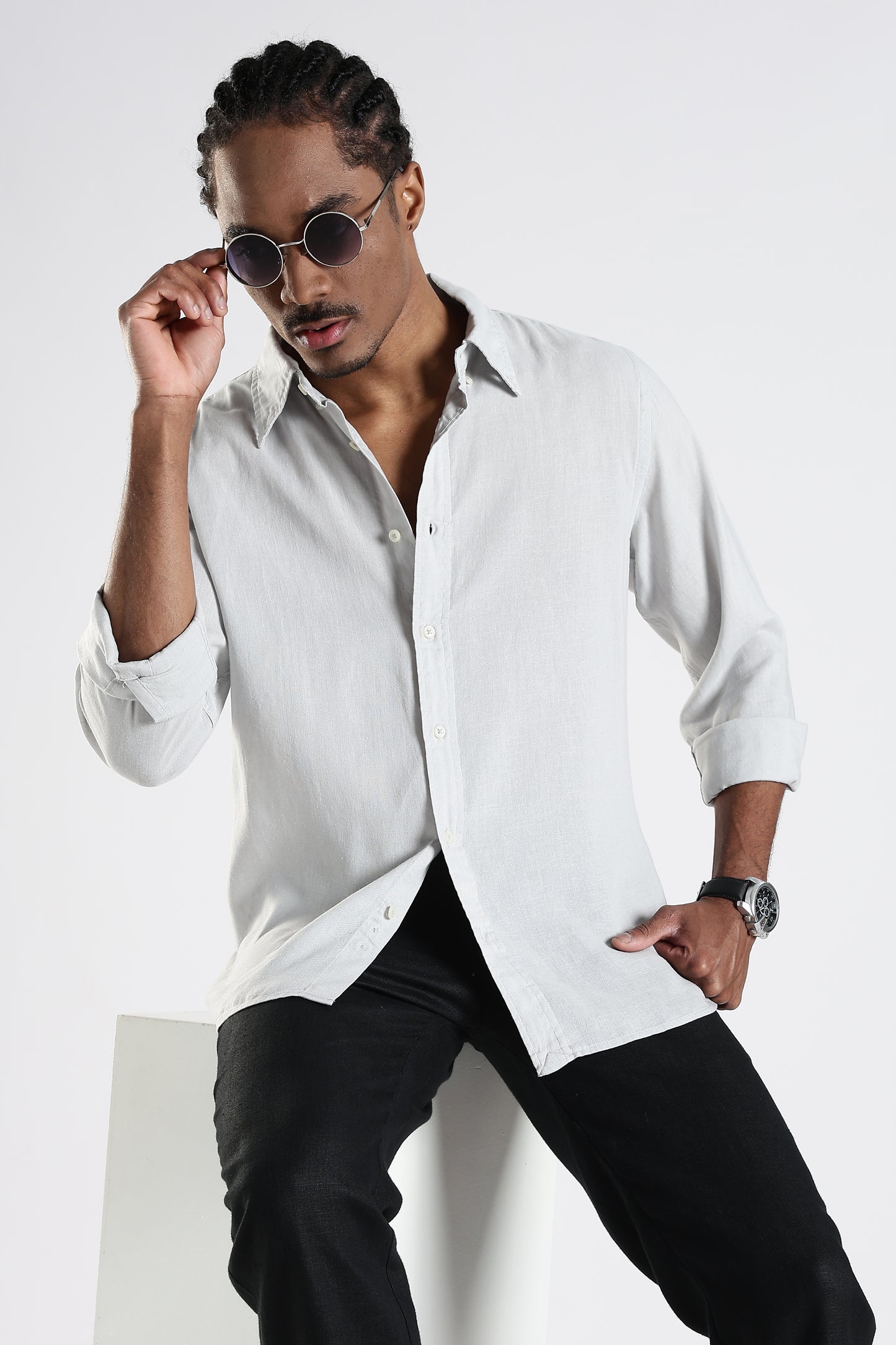 Regular Fit Light Grey Pure Linen Shirt