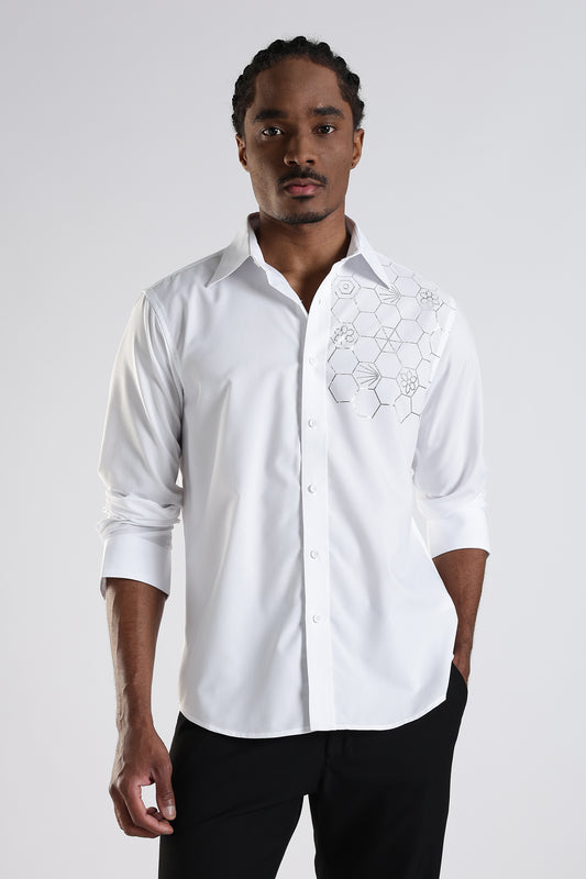 Regular Fit White Stone Design Embroidery Shirt