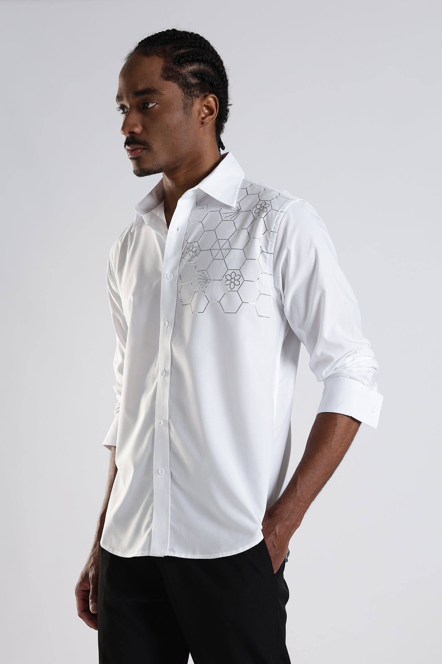 Regular Fit White Stone Design Embroidery Shirt