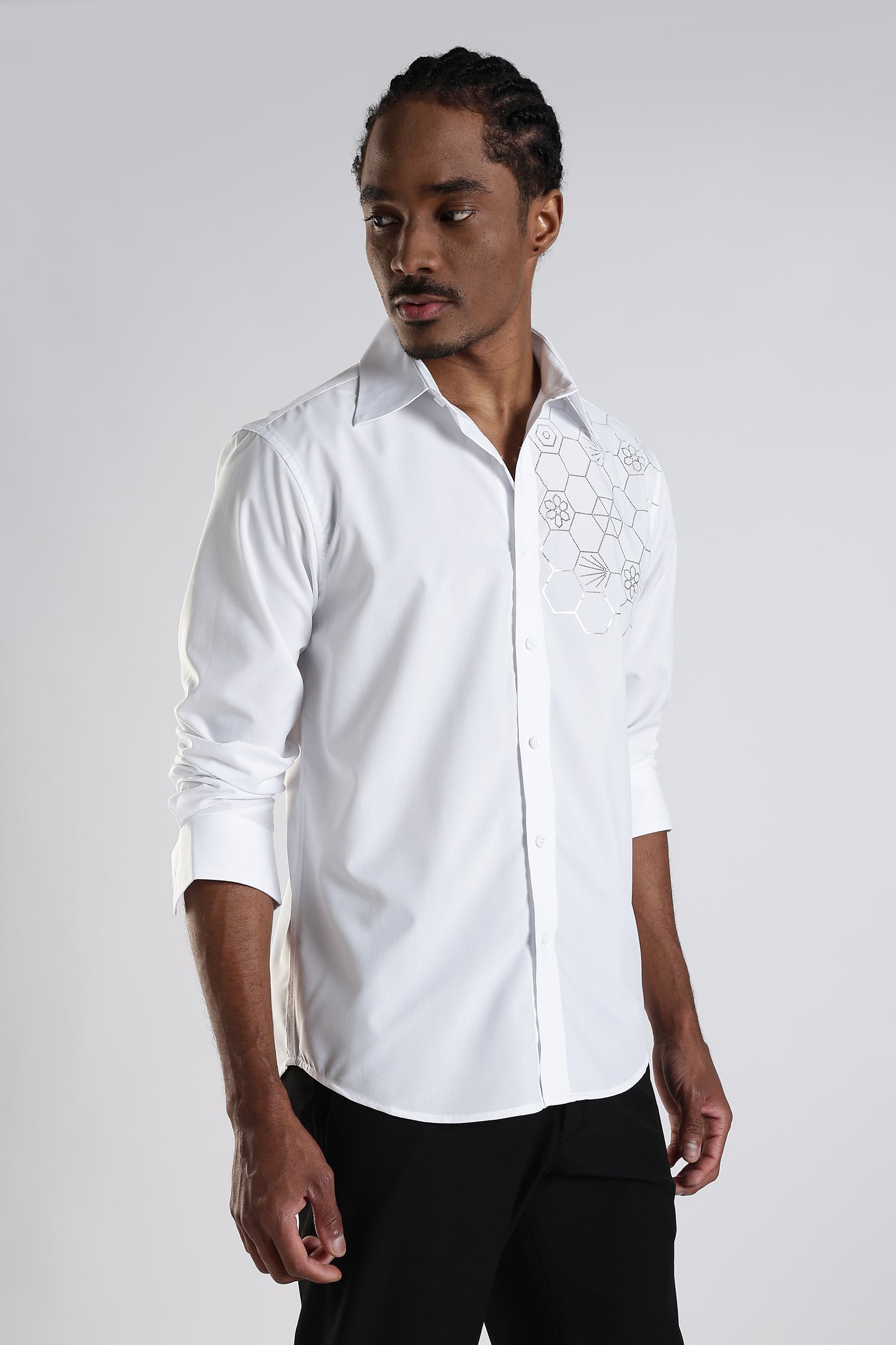 Regular Fit White Stone Design Embroidery Shirt